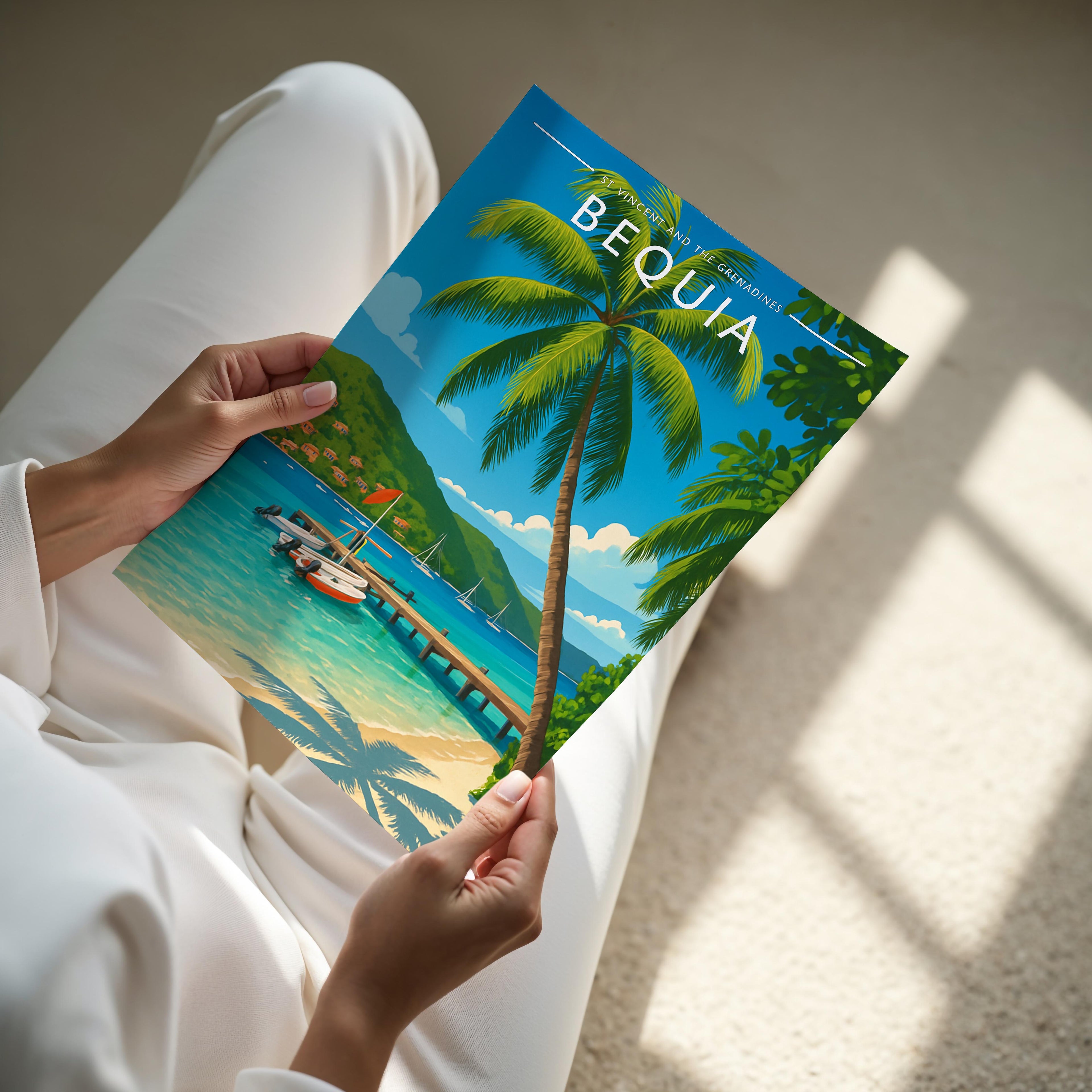 Bequia Travel Poster - A4 print held in hand