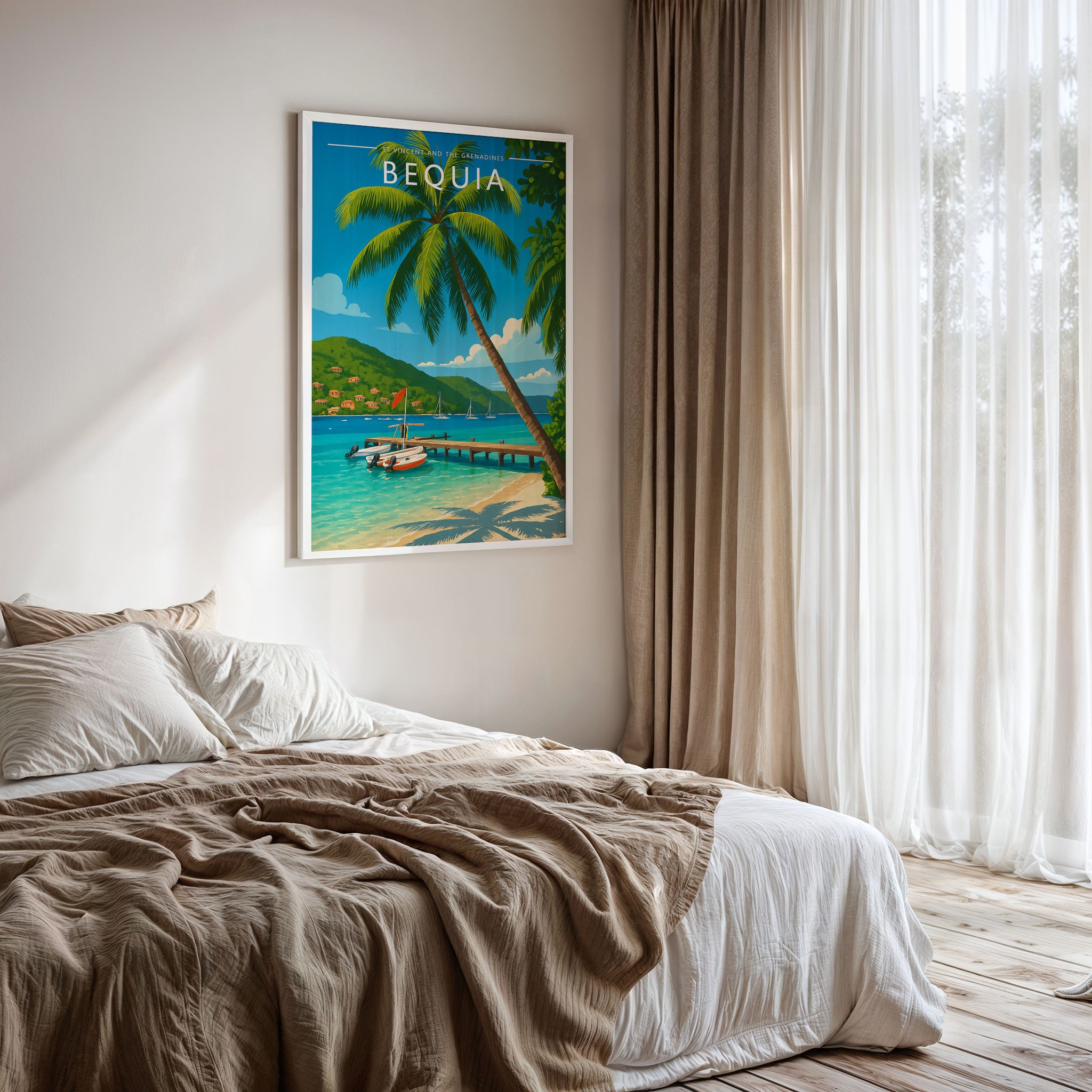 Bequia Travel Poster framed on a bedroom wall