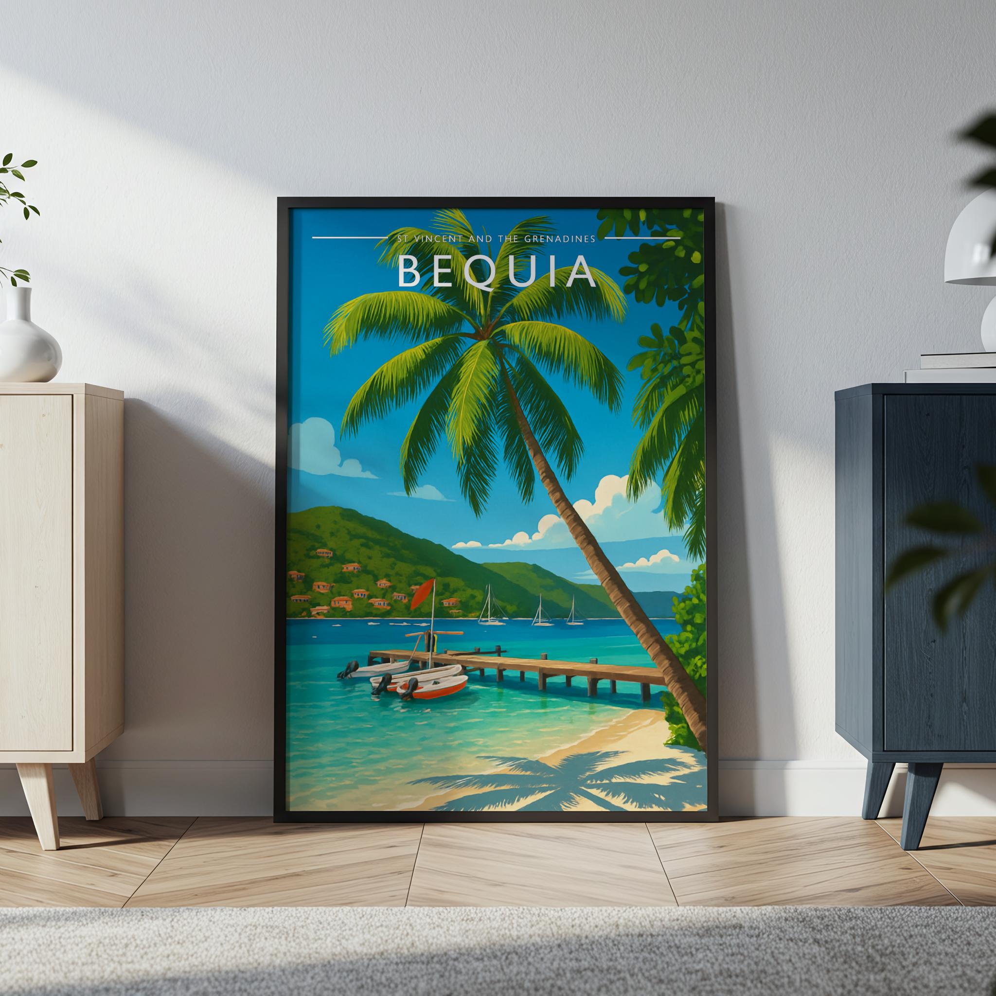 Bequia Travel Poster in a black frame