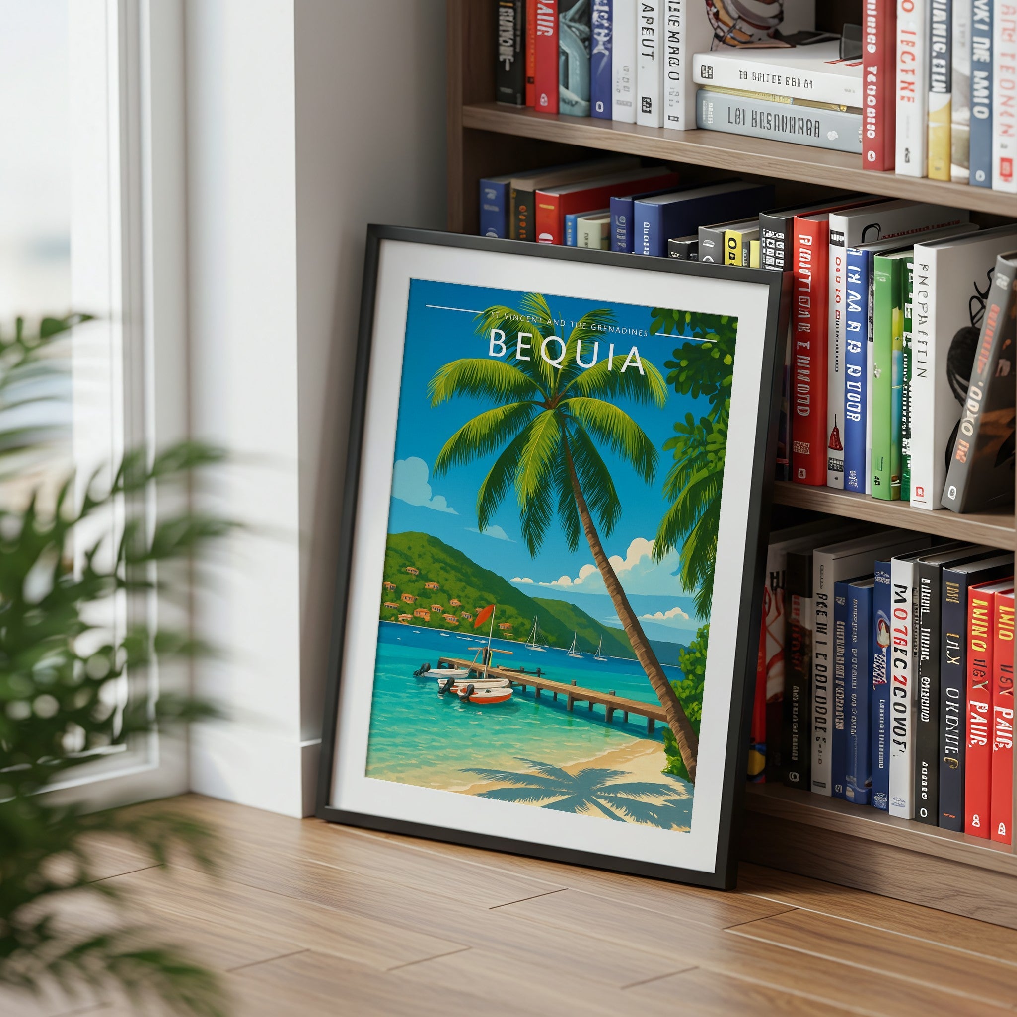 Bequia Travel Poster mounted in a black frame