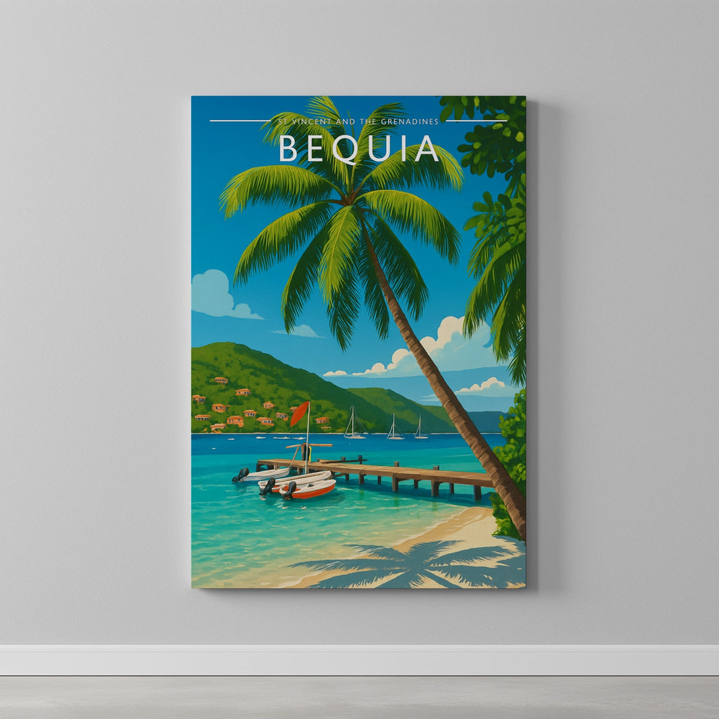Bequia Travel Poster as a gallery-wrapped canvas on a plain wall
