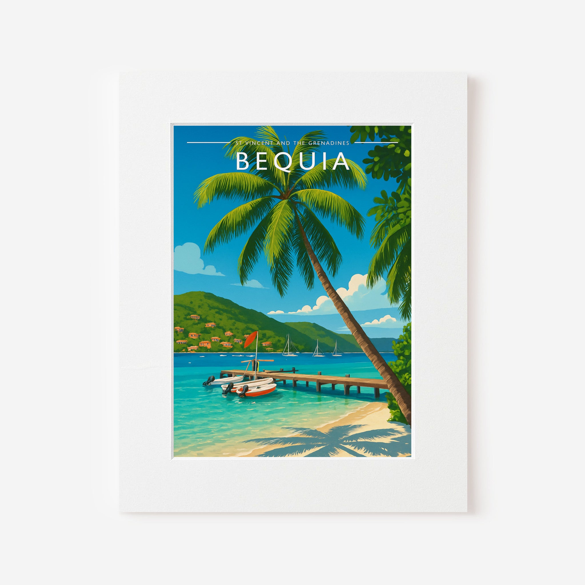 Bequia Travel Poster in a white mount