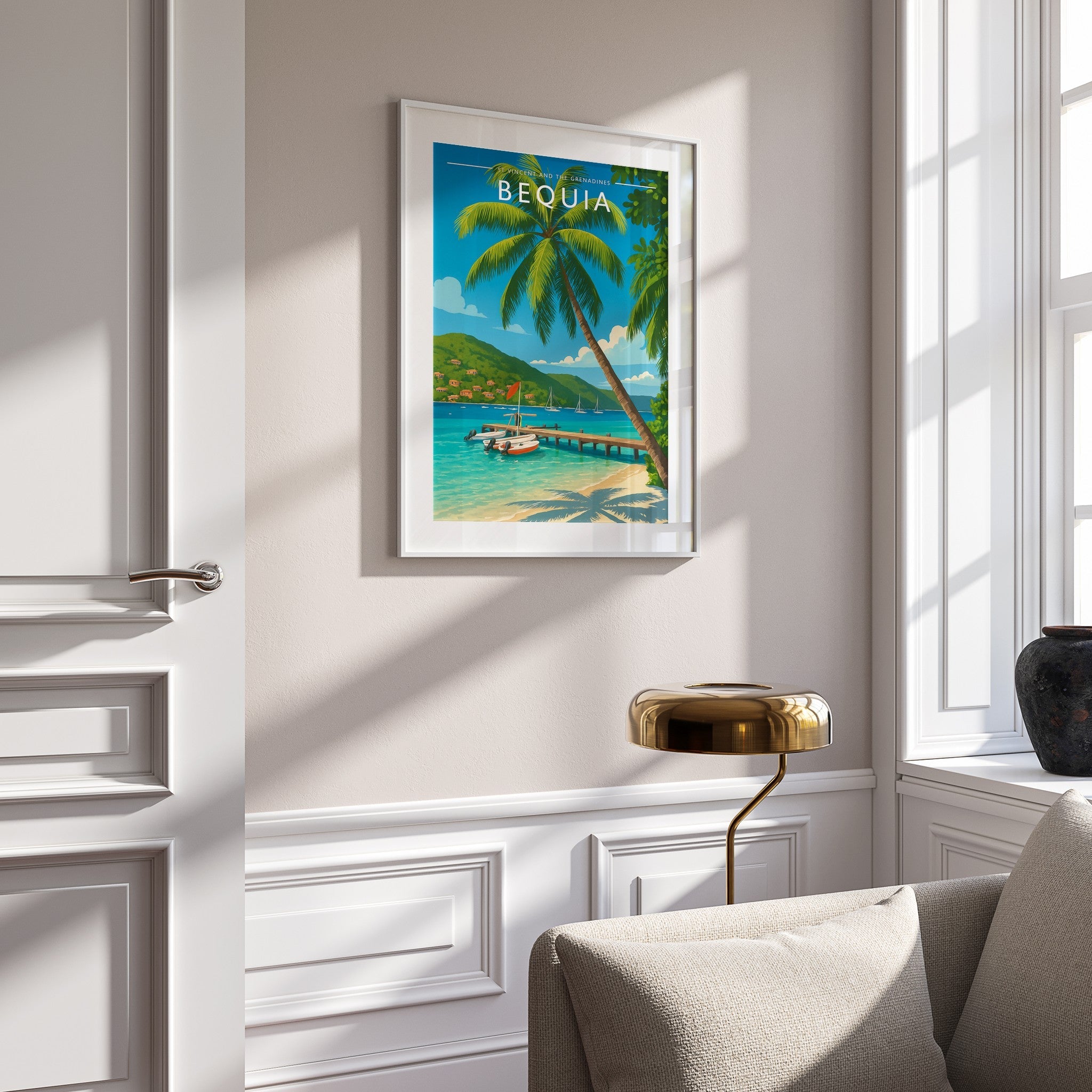 Bequia Travel Poster mounted in a white frame