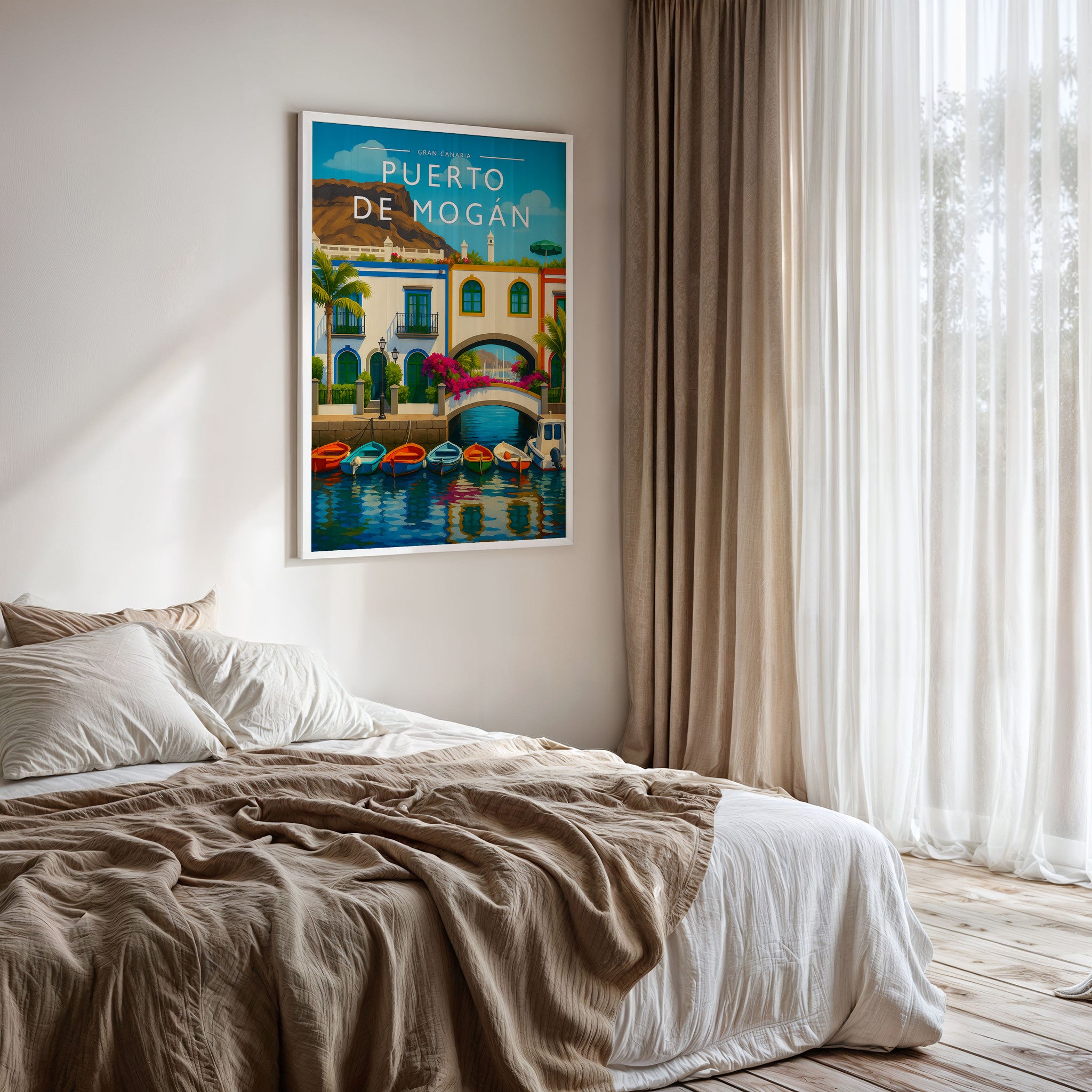Puerto de Mogán #2 Travel Poster framed on a bedroom wall