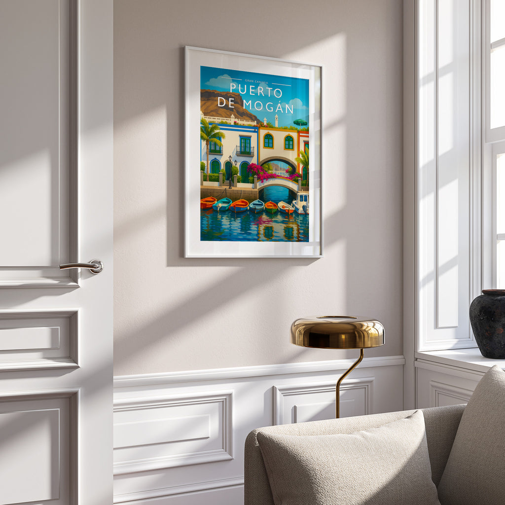Puerto de Mogán #2 Travel Poster in a white frame on a panelled wall