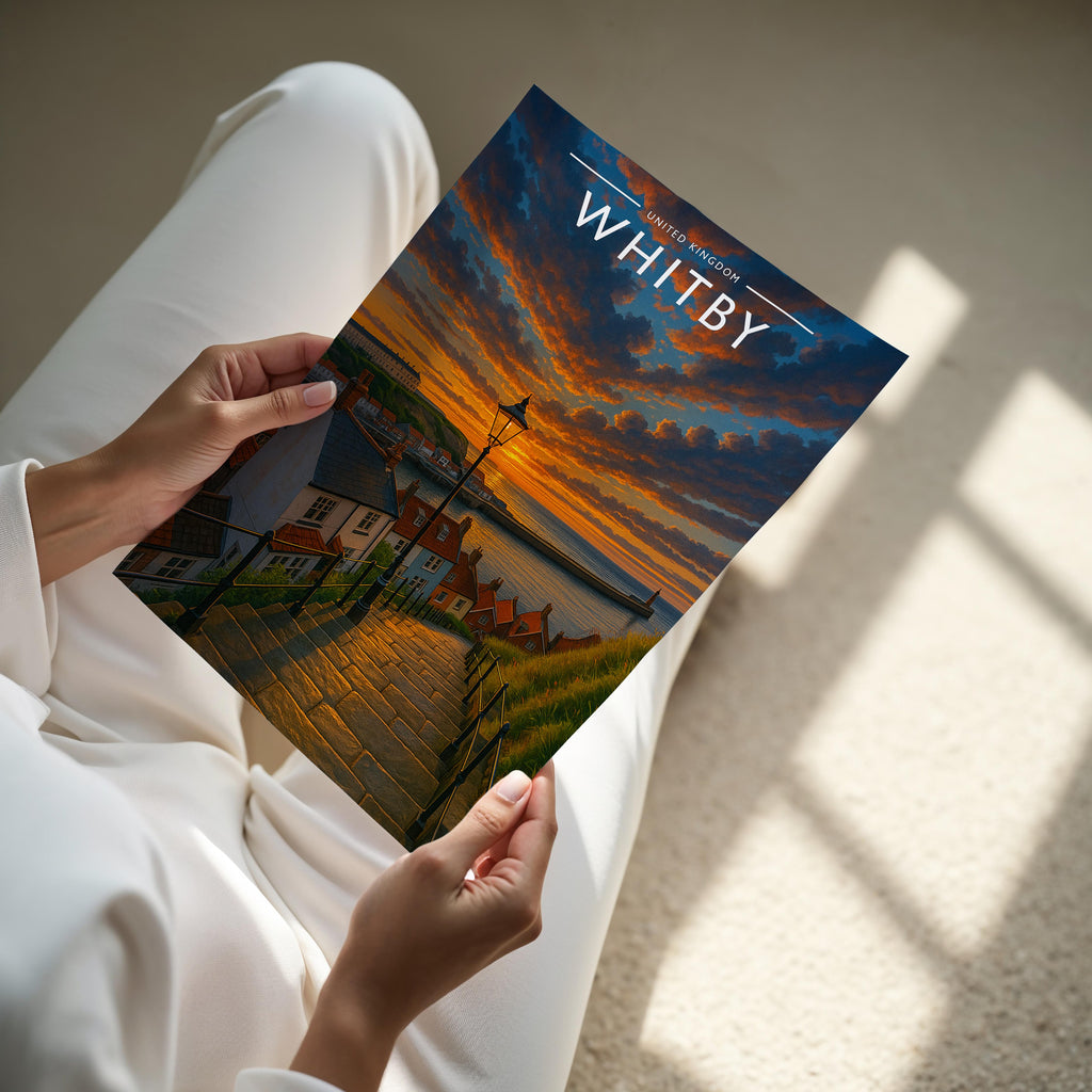 Whitby Travel Poster - A4 print held in hand