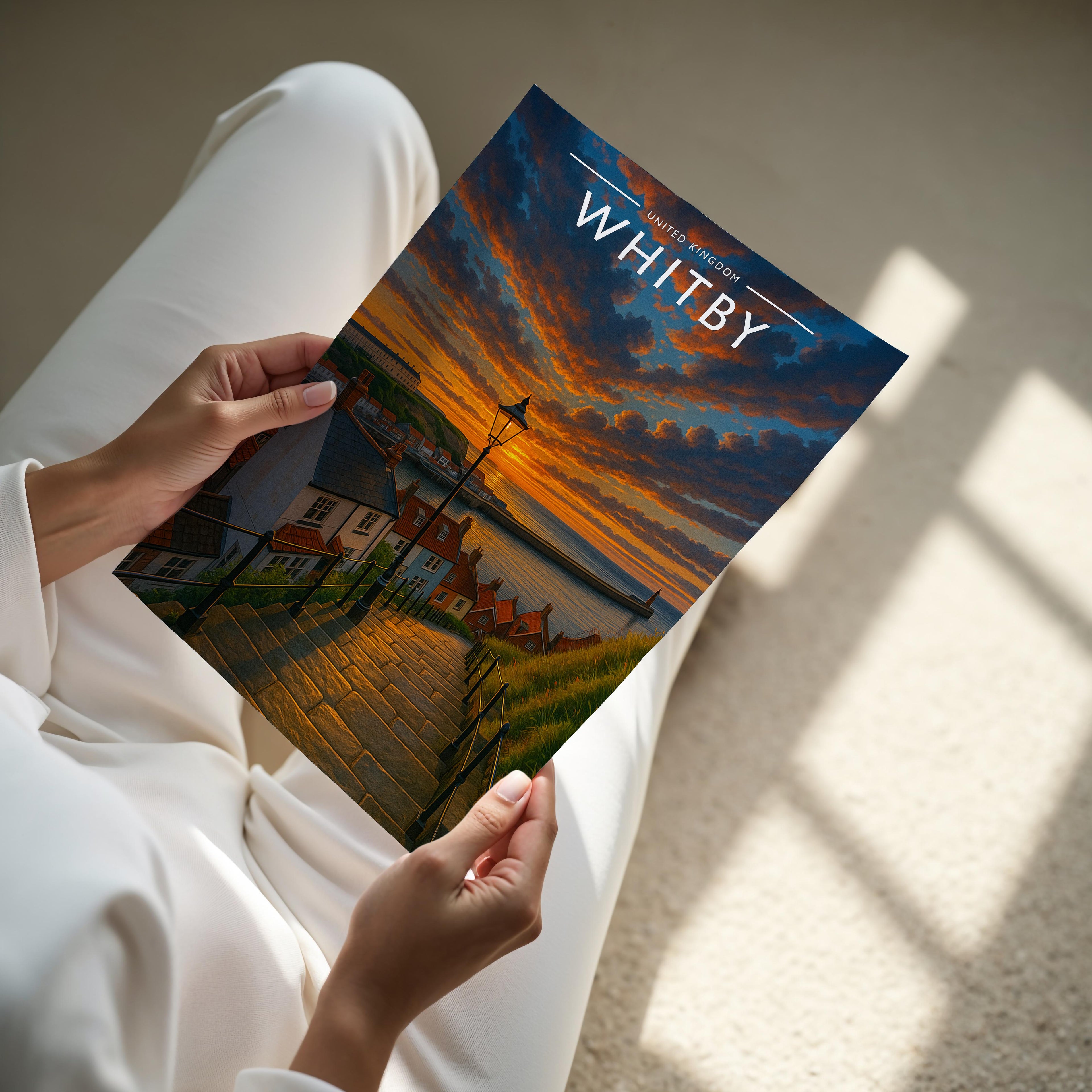 Whitby Travel Poster - A4 print held in hand