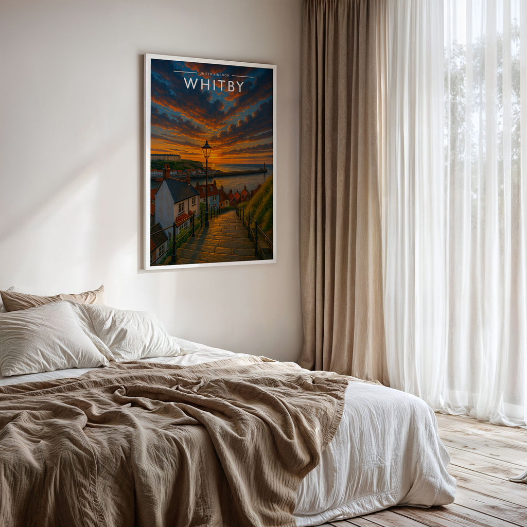 Whitby Travel Poster framed on a bedroom wall