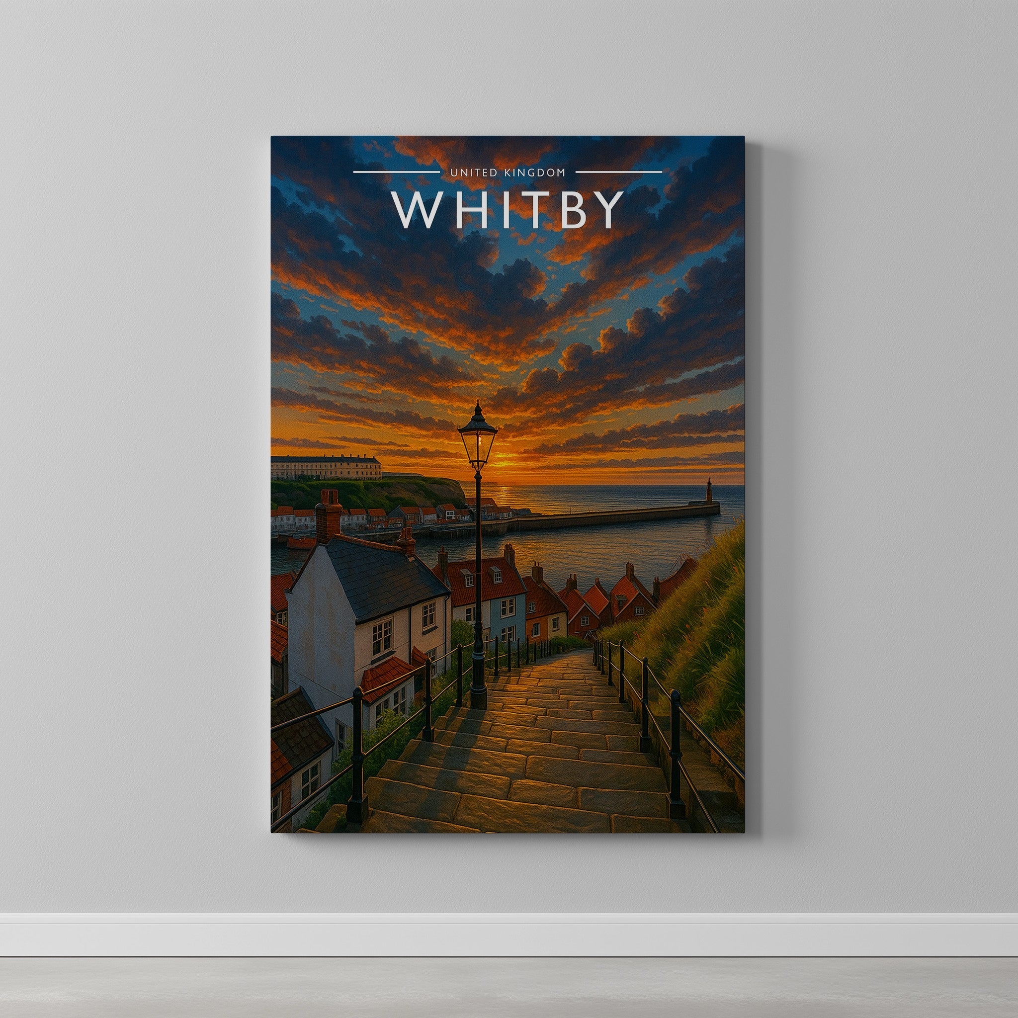 Whitby Travel Poster as a gallery-wrapped canvas on a plain wall