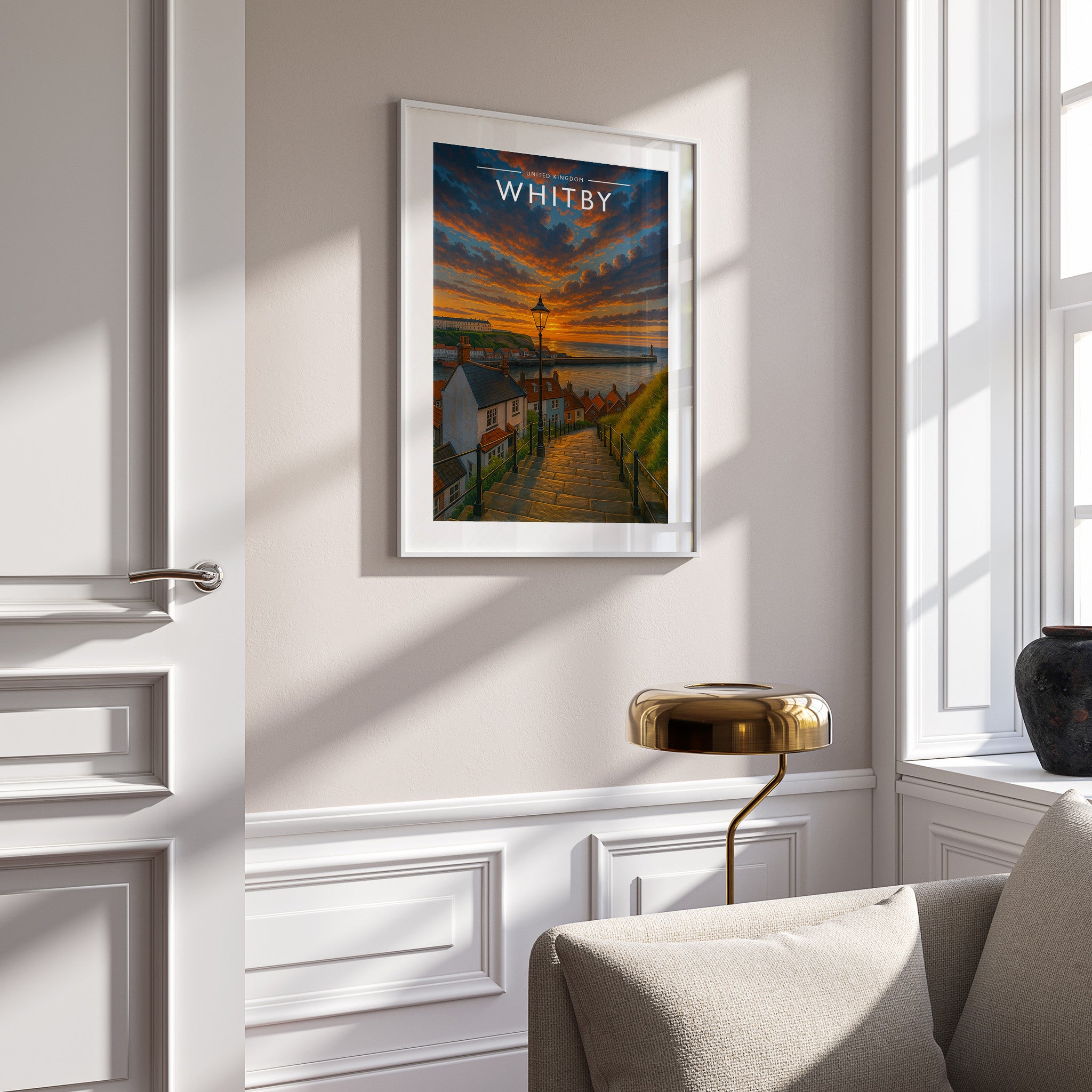 Whitby Travel Poster in a white frame on a panelled wall