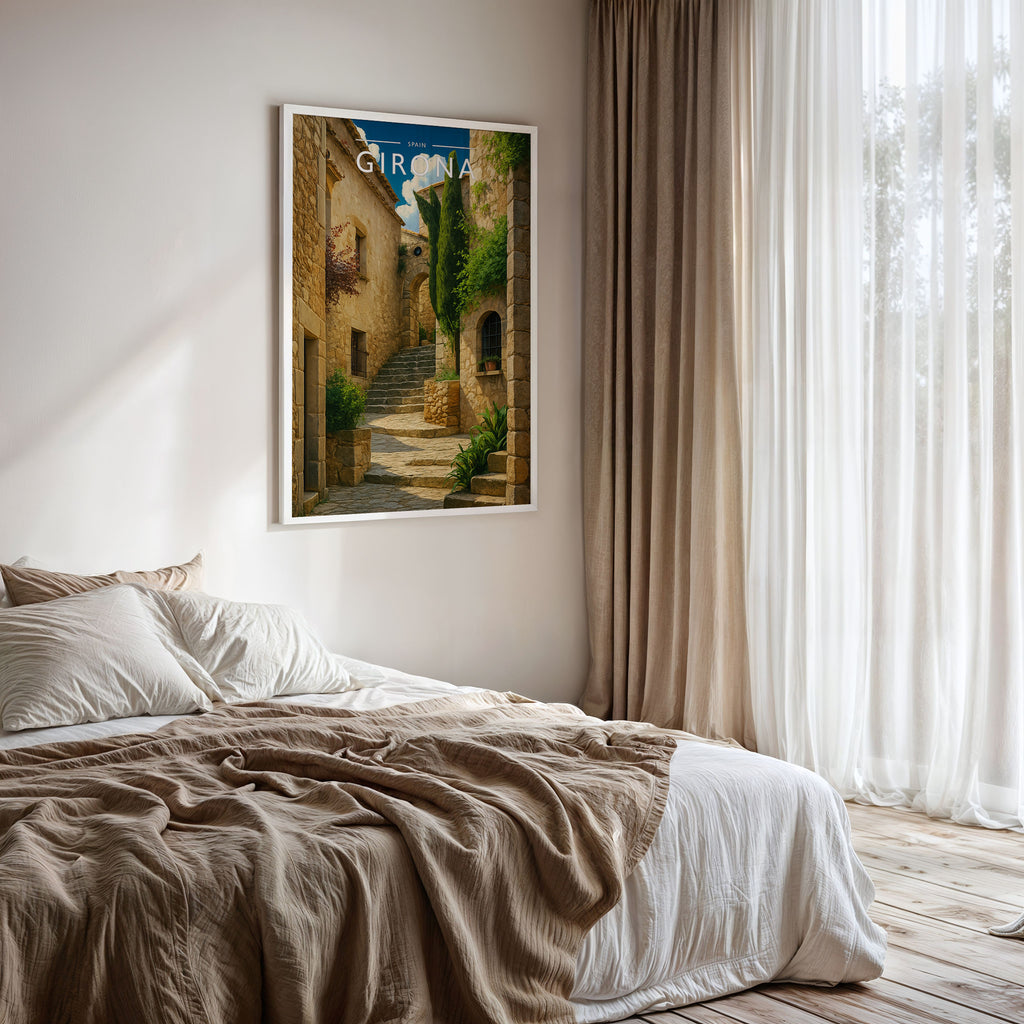 Girona Travel Poster framed on a bedroom wall