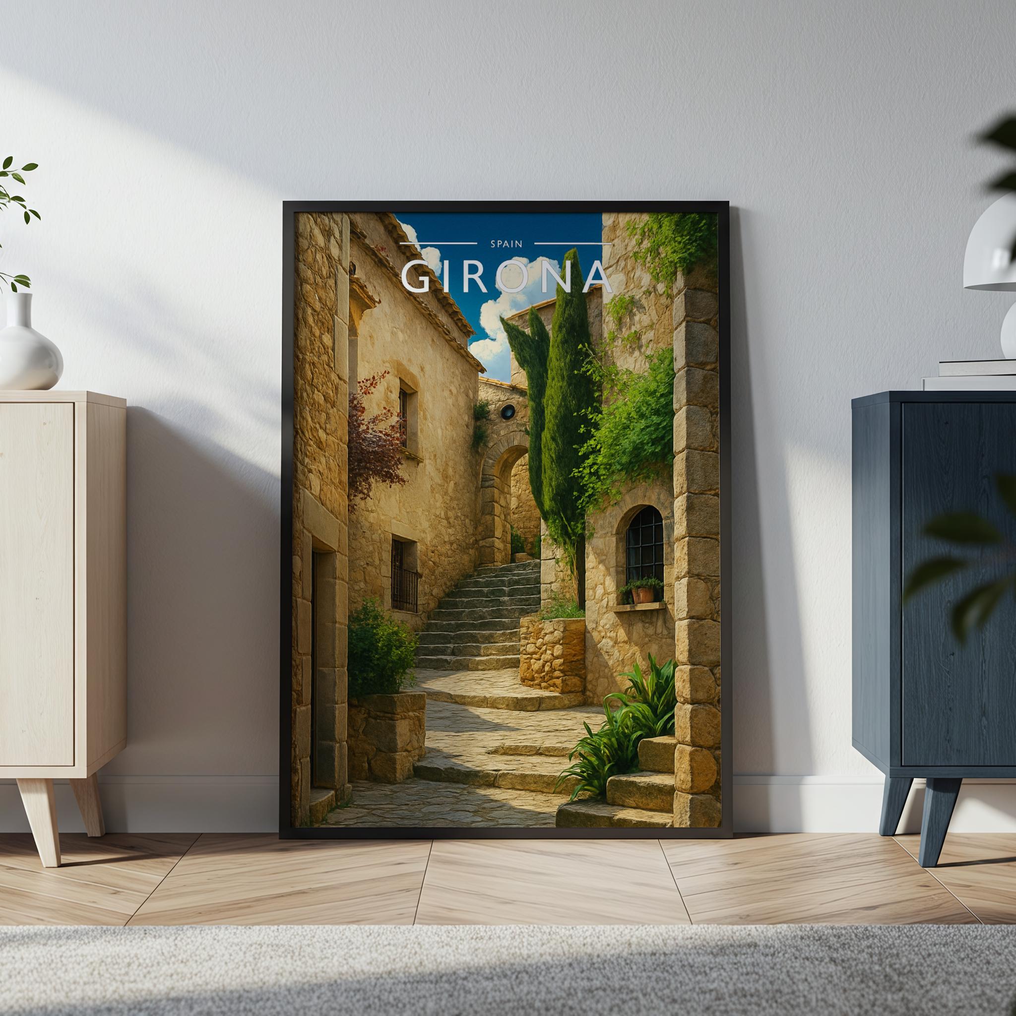 Girona Travel Poster in a black frame