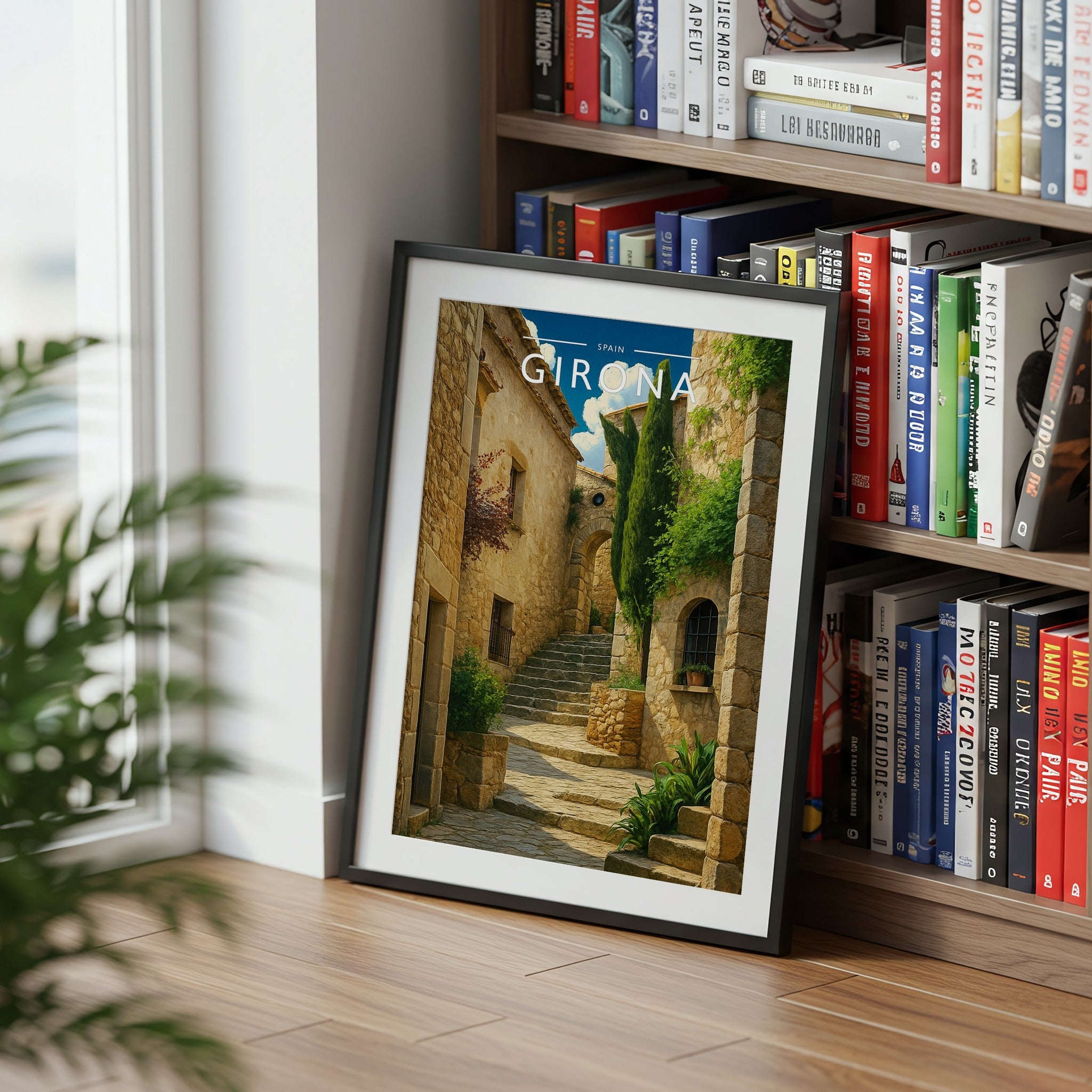 Girona Travel Poster mounted in a black frame