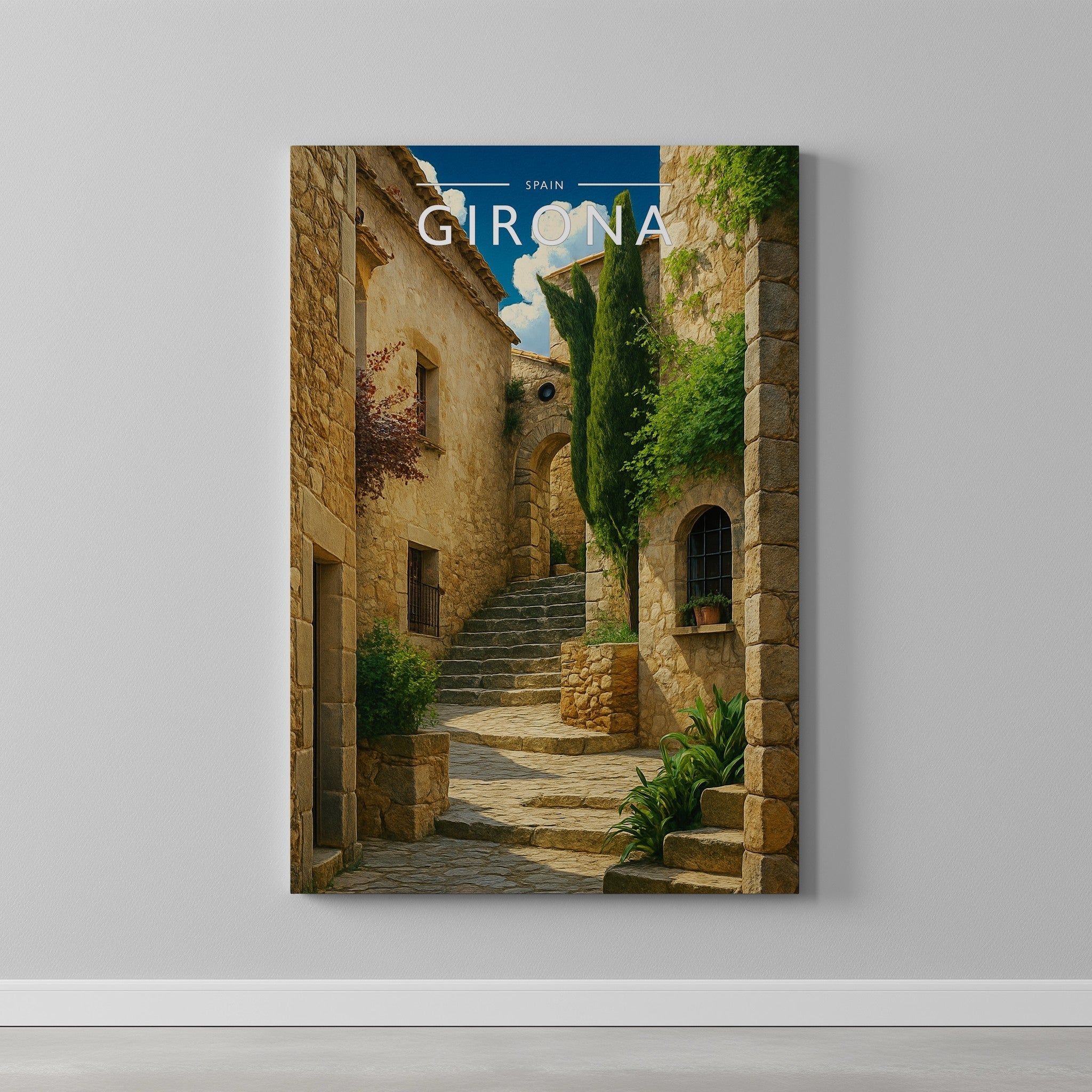 Girona Travel Poster as a gallery-wrapped canvas on a plain wall