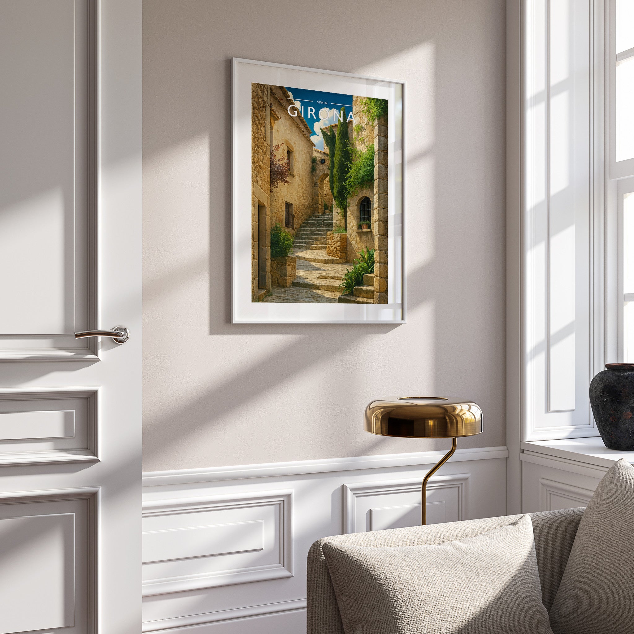 Girona Travel Poster in a white frame on a panelled wall