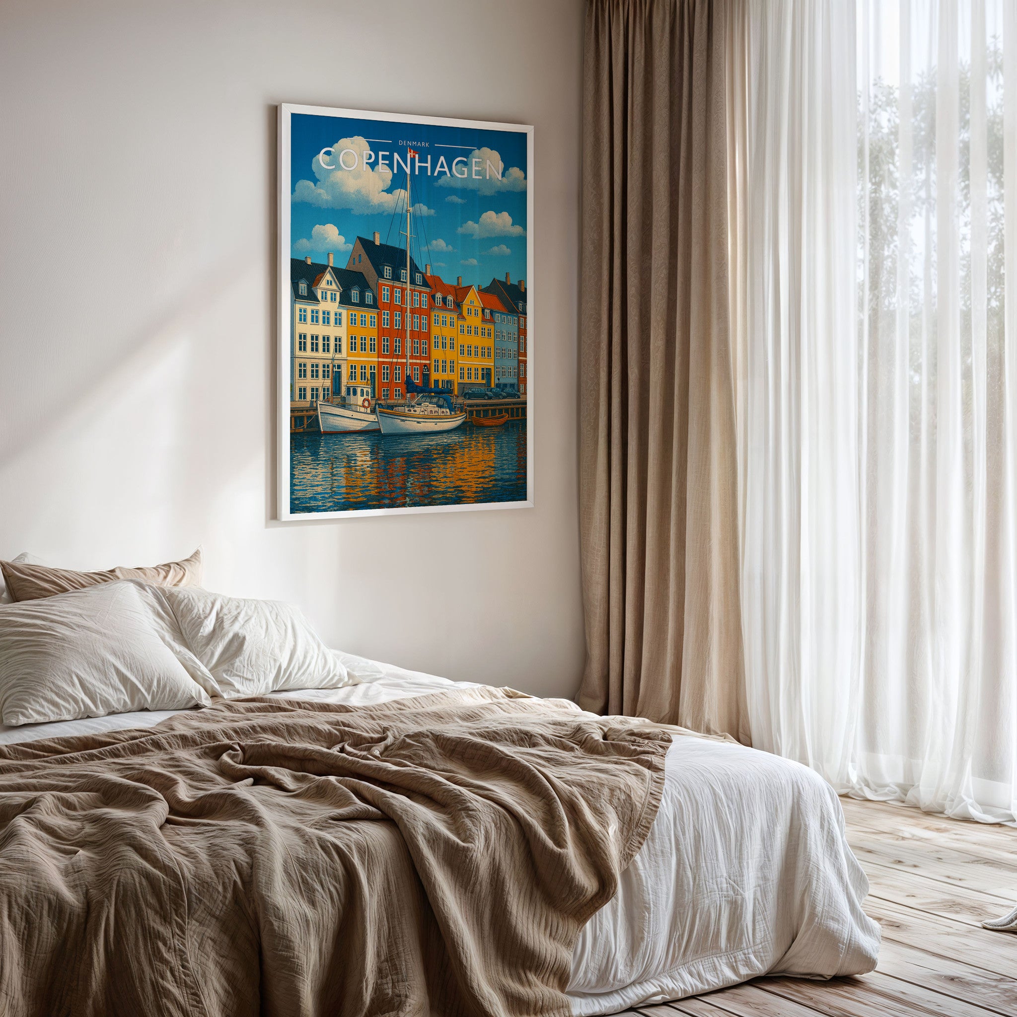 Copenhagen Travel Poster framed on a bedroom wall