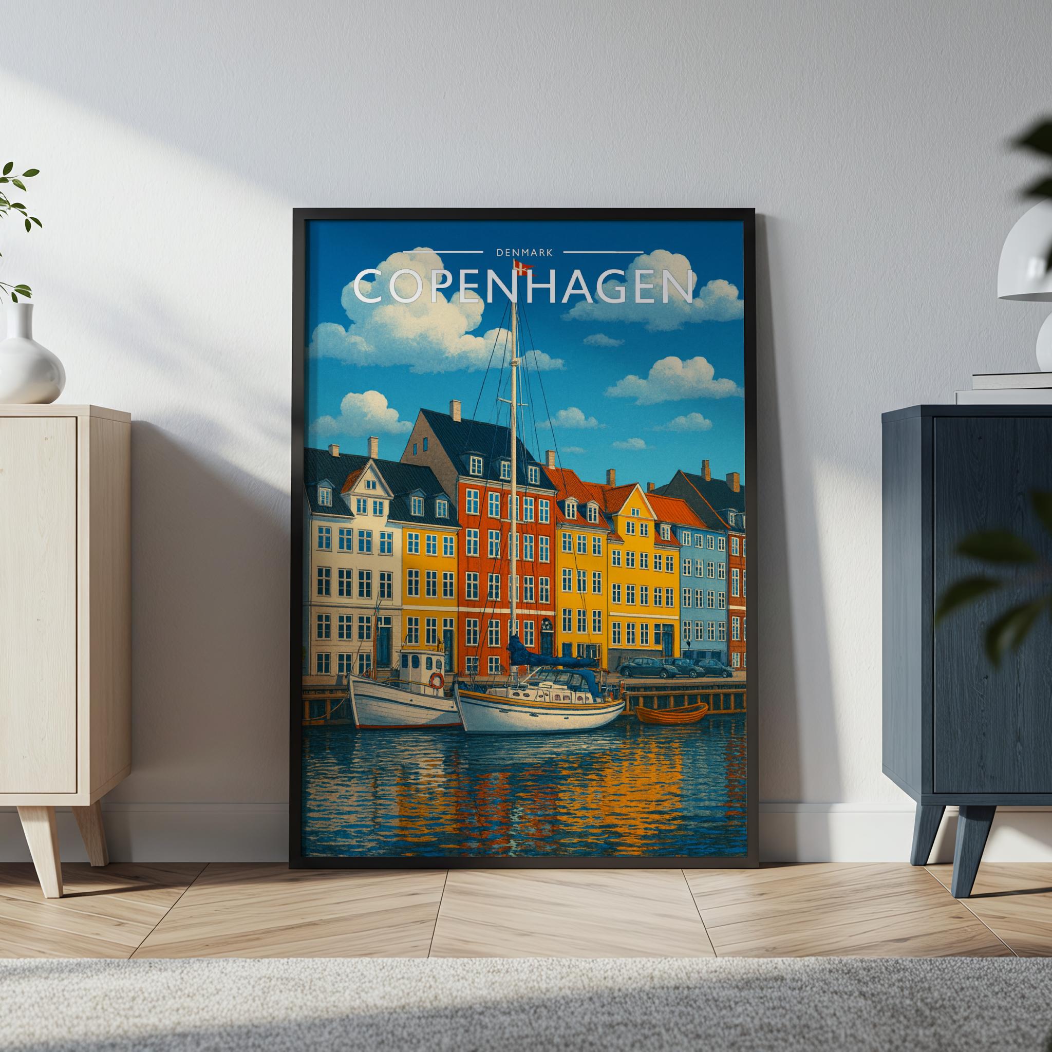 Copenhagen Travel Poster in a black frame