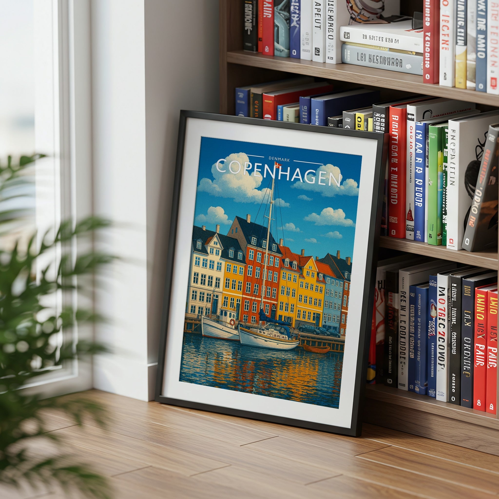 Copenhagen Travel Poster mounted in a black frame