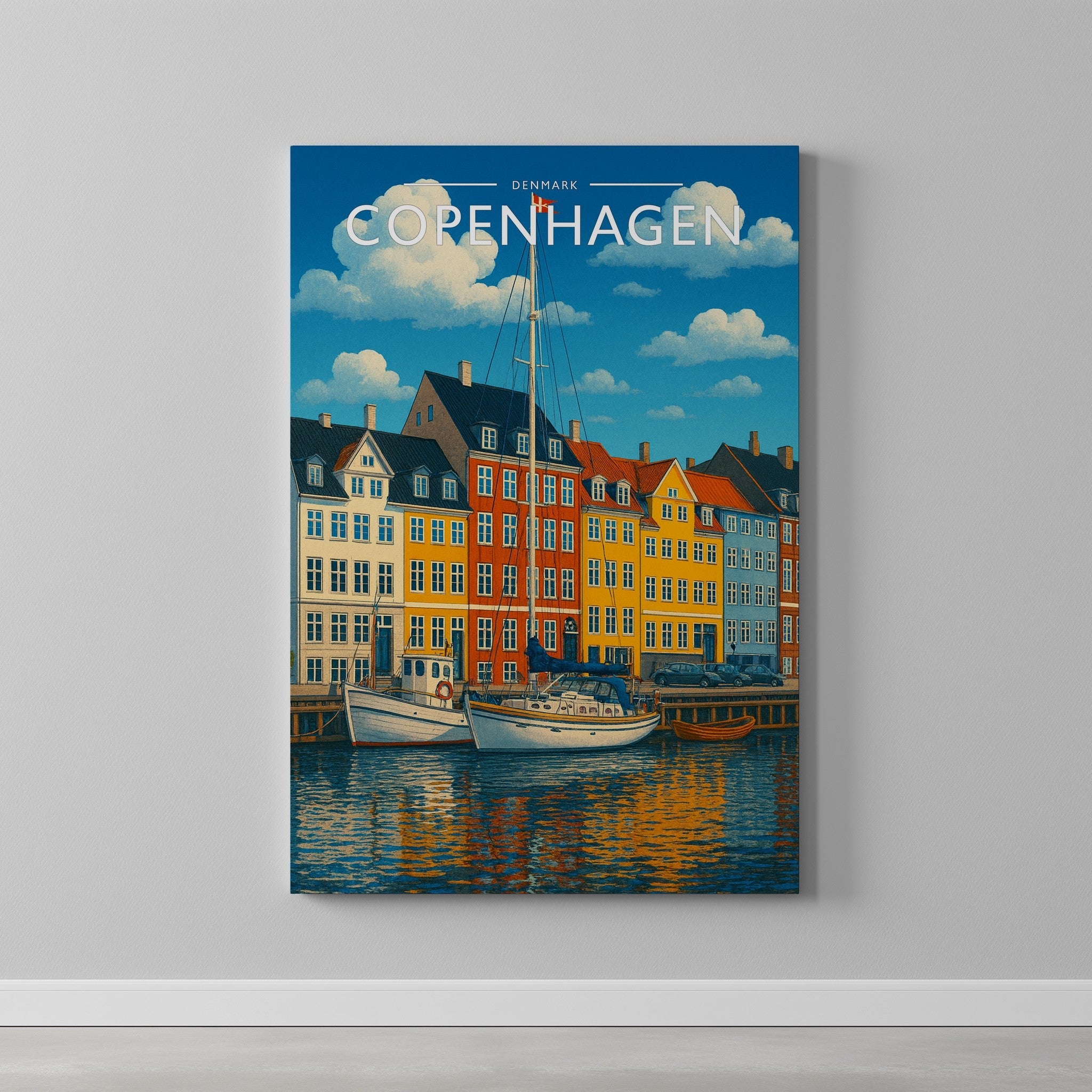 Copenhagen Travel Poster as a gallery-wrapped canvas on a plain wall
