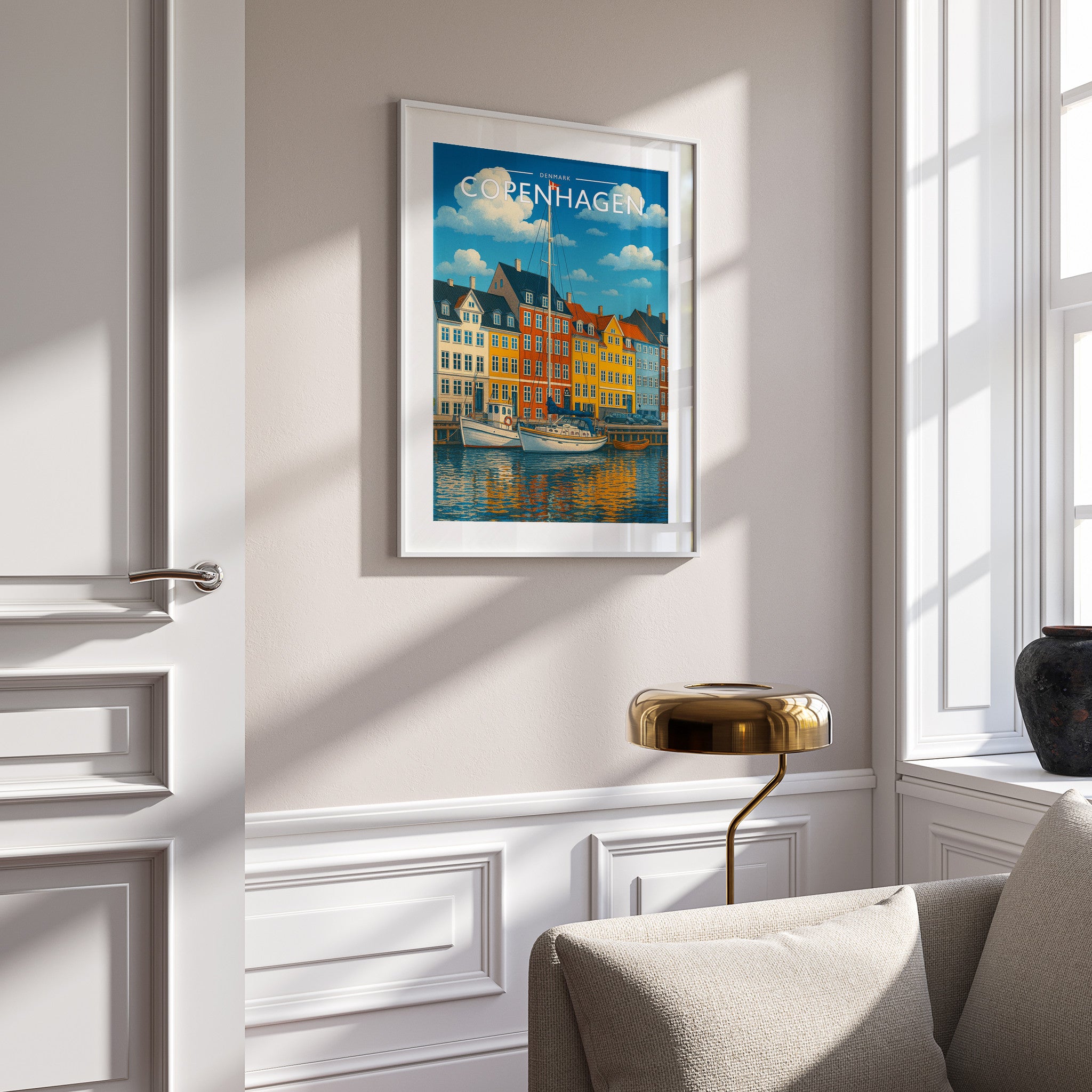 Copenhagen Travel Poster in a white frame on a panelled wall
