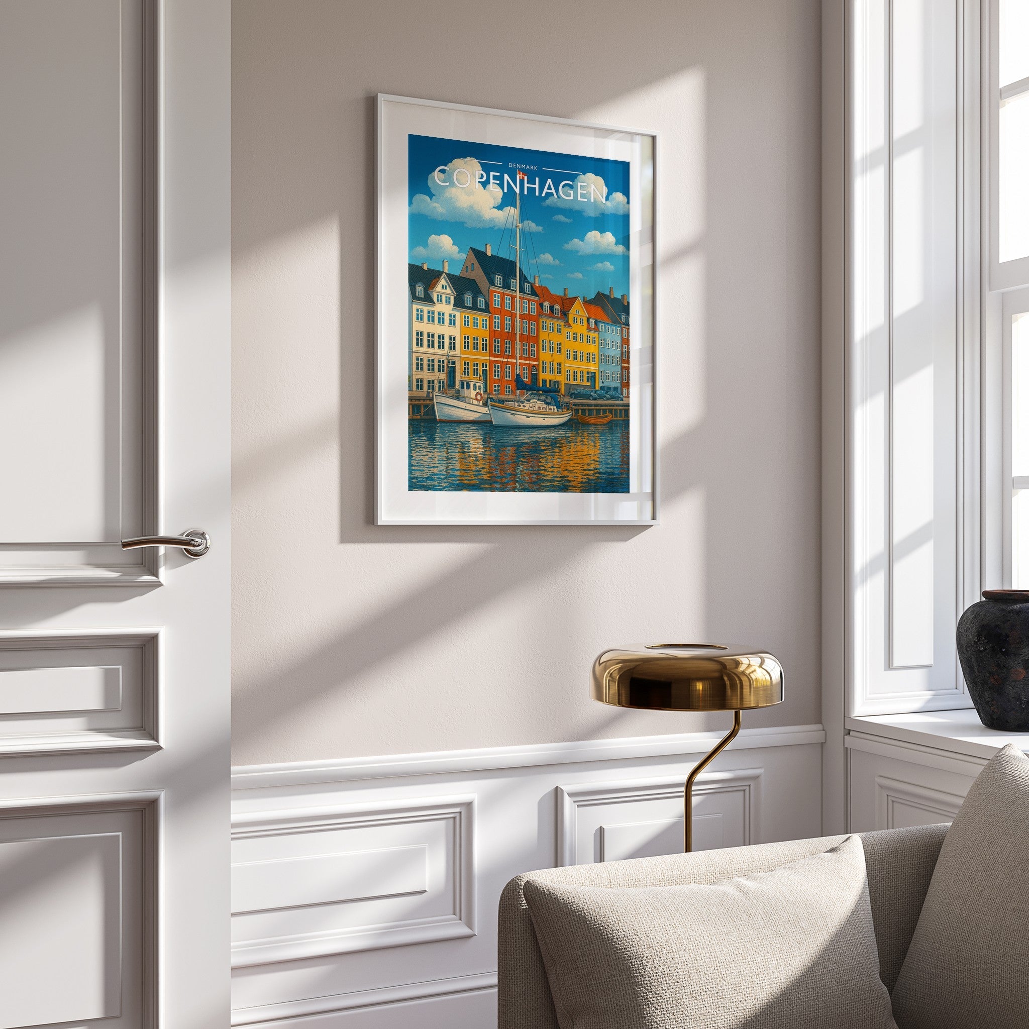 Copenhagen Travel Poster mounted in a white frame