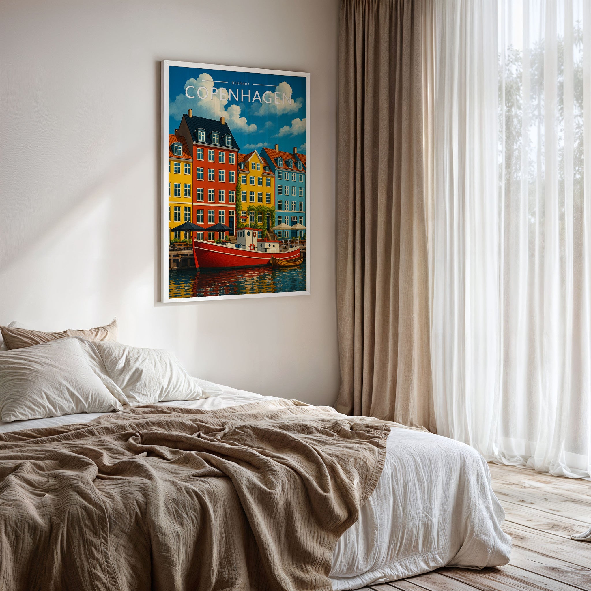 Copenhagen #2 Travel Poster framed on a bedroom wall