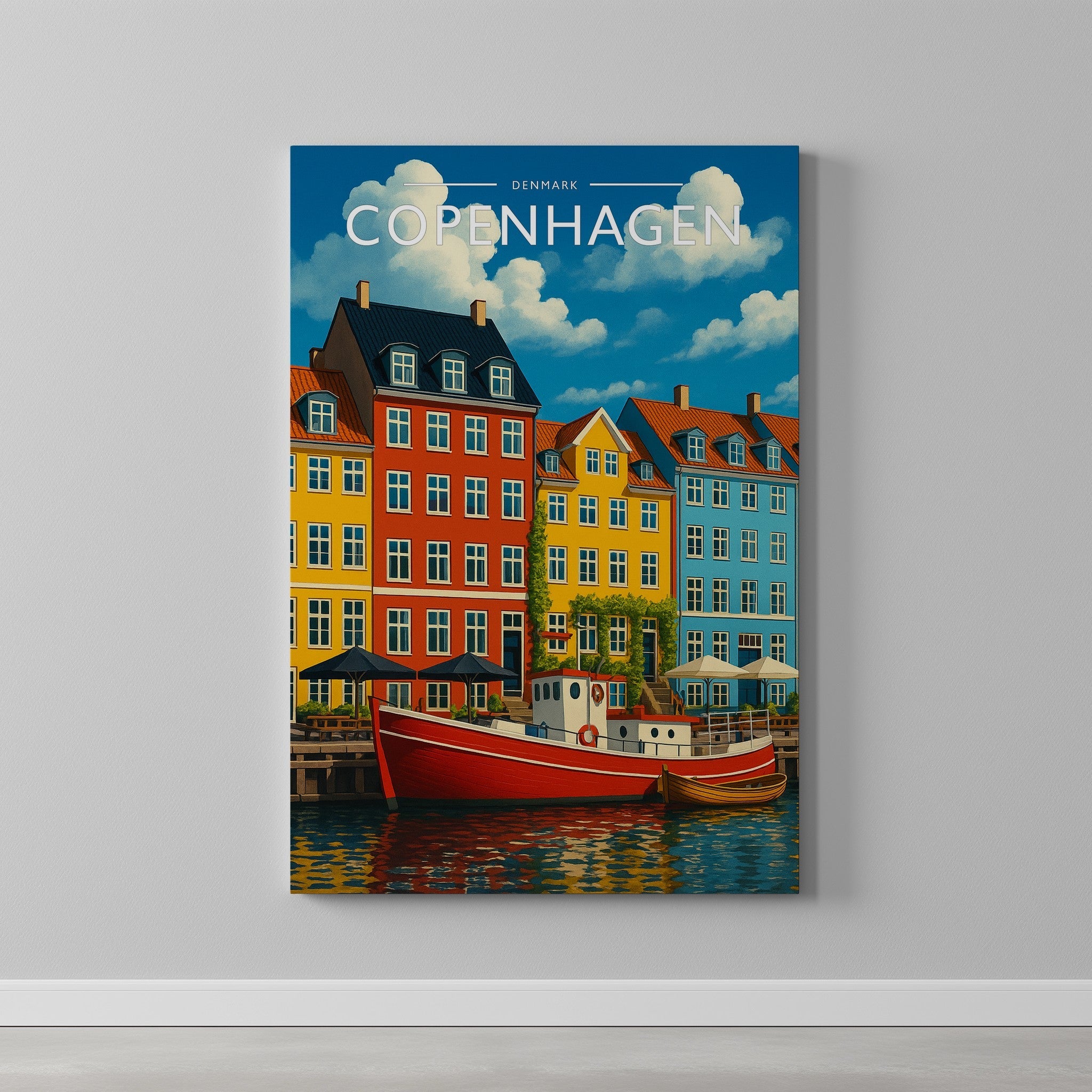 Copenhagen #2 Travel Poster as a gallery-wrapped canvas on a plain wall