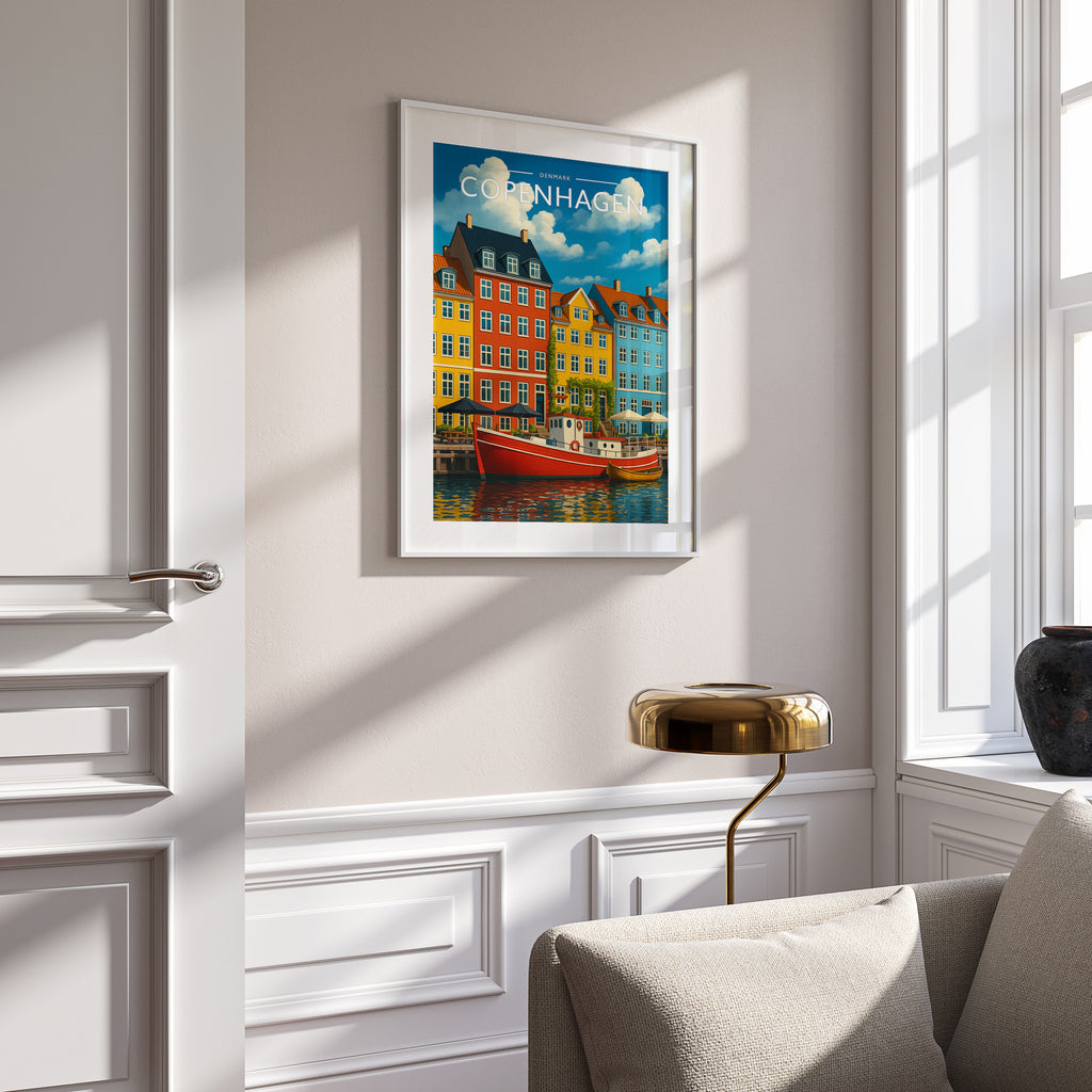 Copenhagen #2 Travel Poster in a white frame on a panelled wall