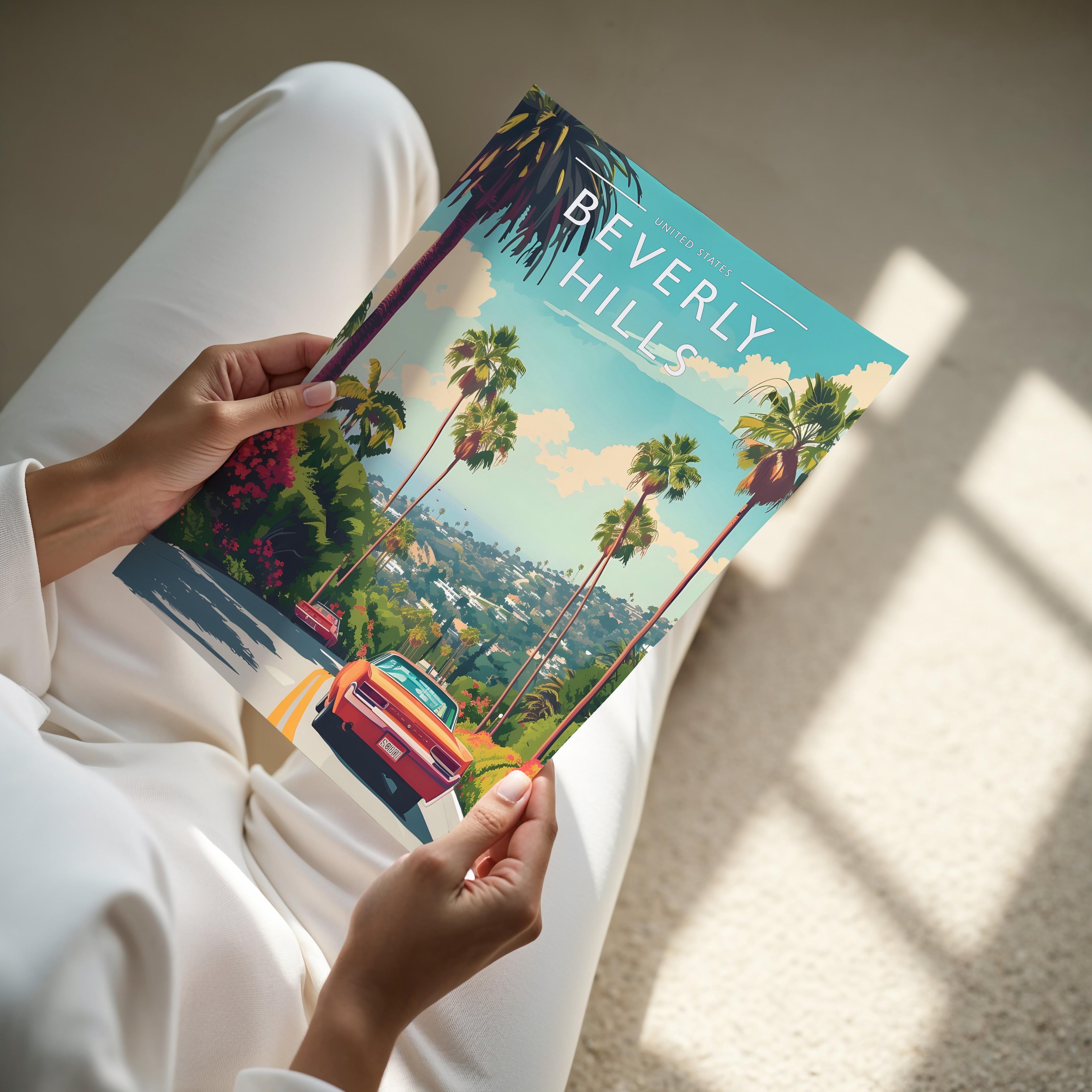 Beverly Hills Travel Poster - A4 print held in hand