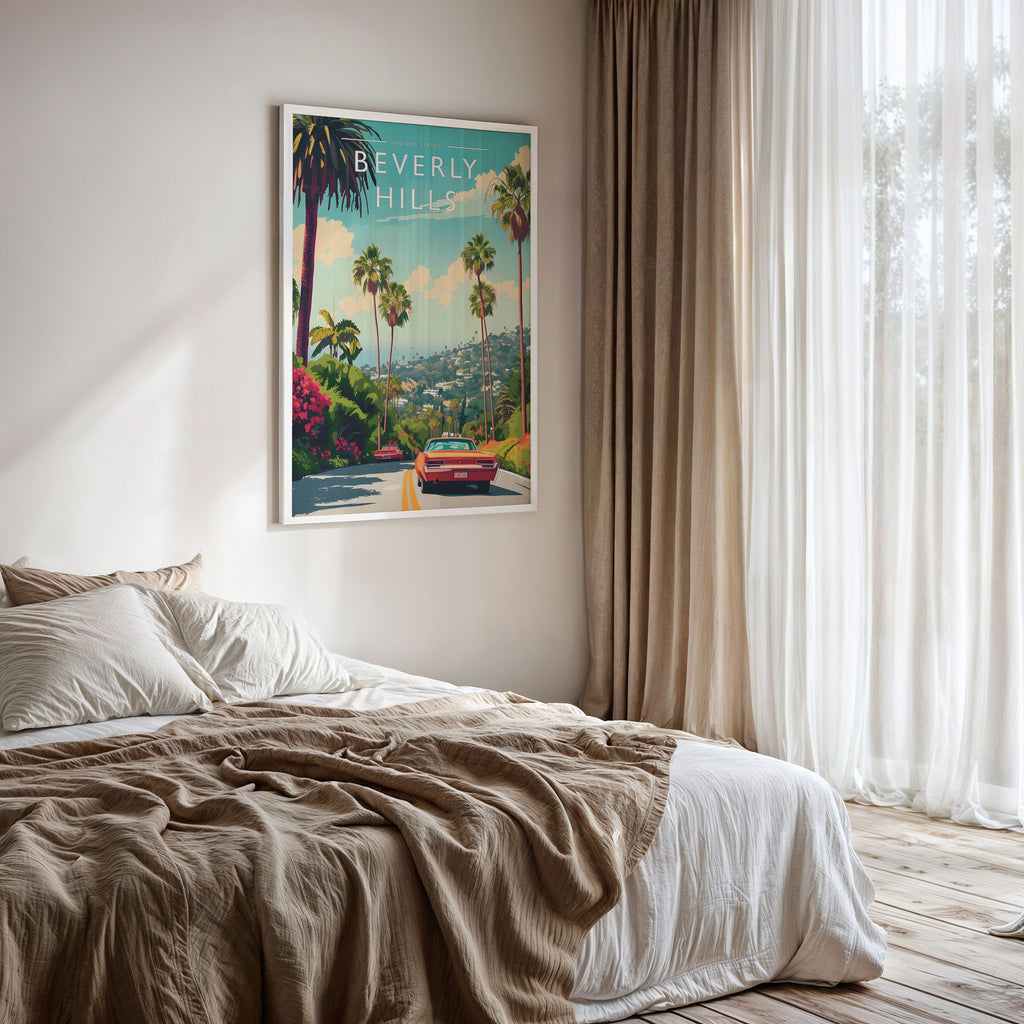 Beverly Hills Travel Poster framed on a bedroom wall