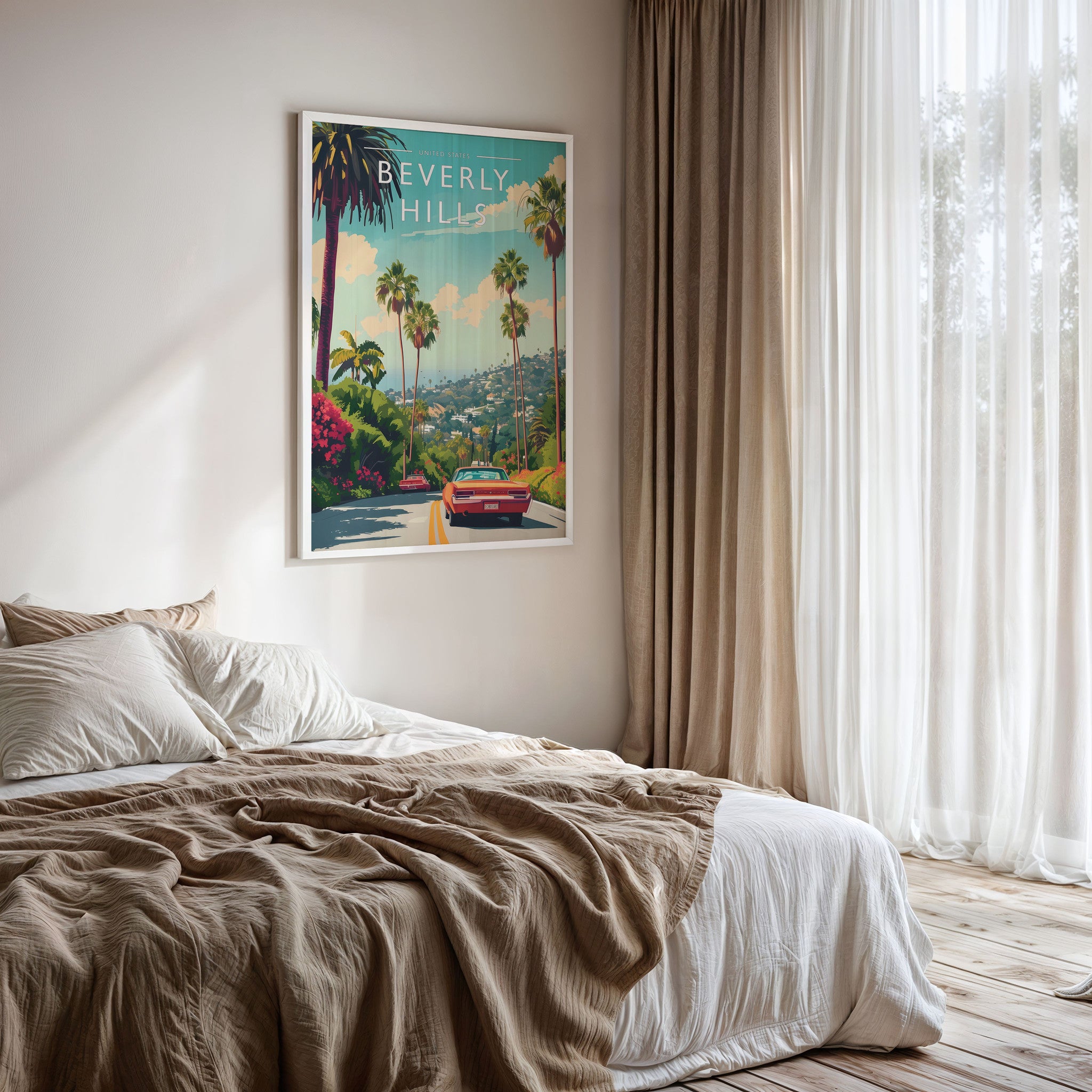 Beverly Hills Travel Poster framed on a bedroom wall