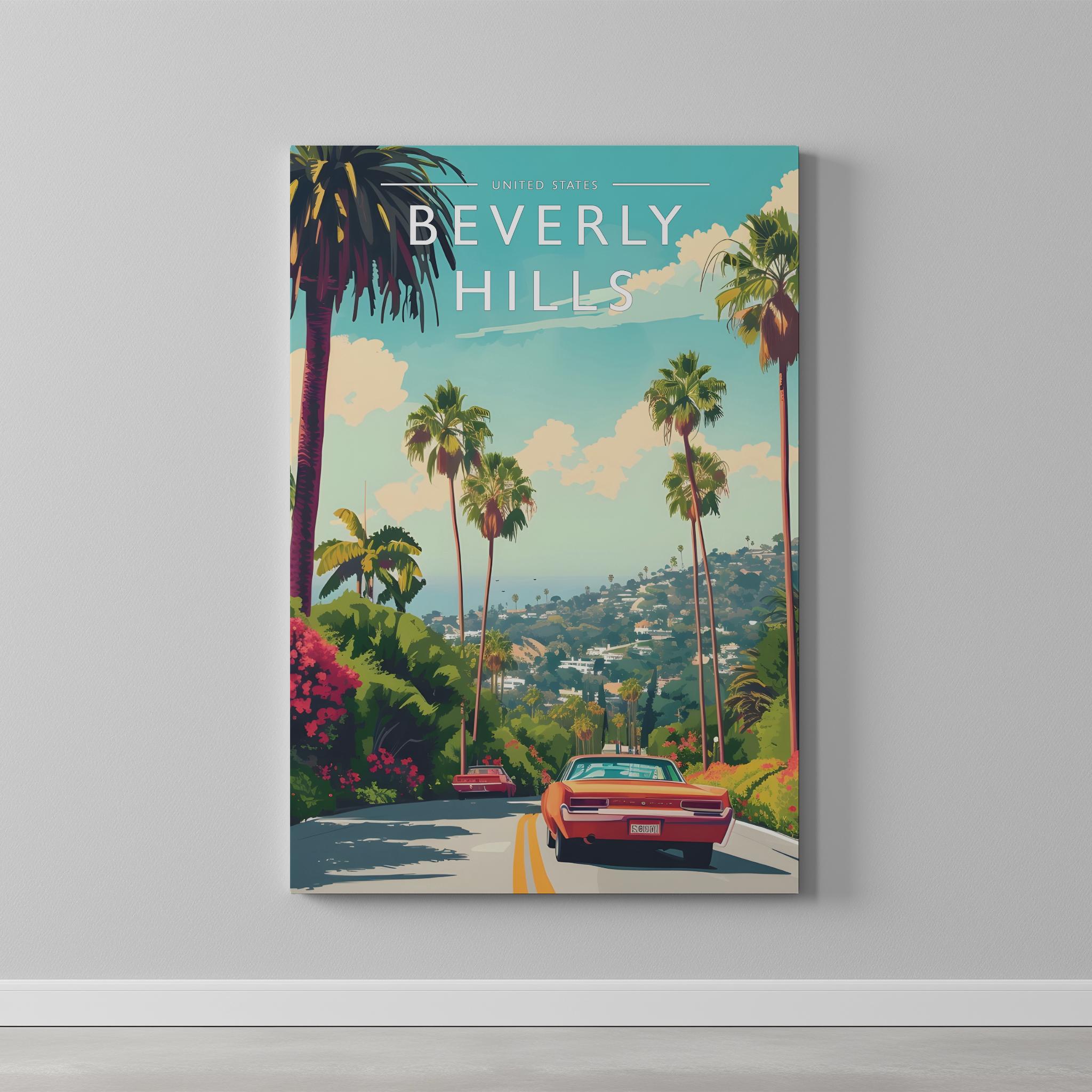 Beverly Hills Travel Poster as a gallery-wrapped canvas on a plain wall