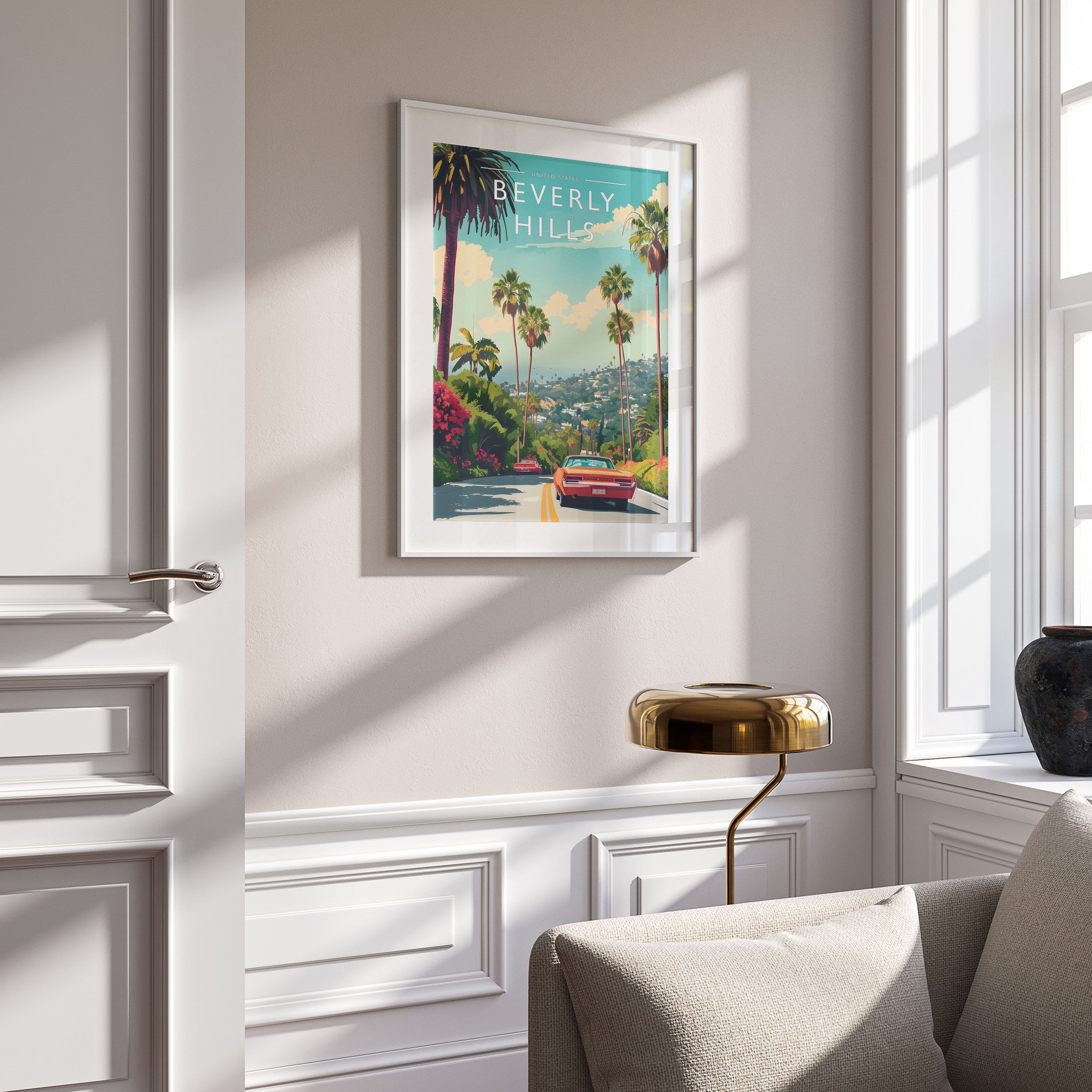 Beverly Hills Travel Poster in a white frame on a panelled wall