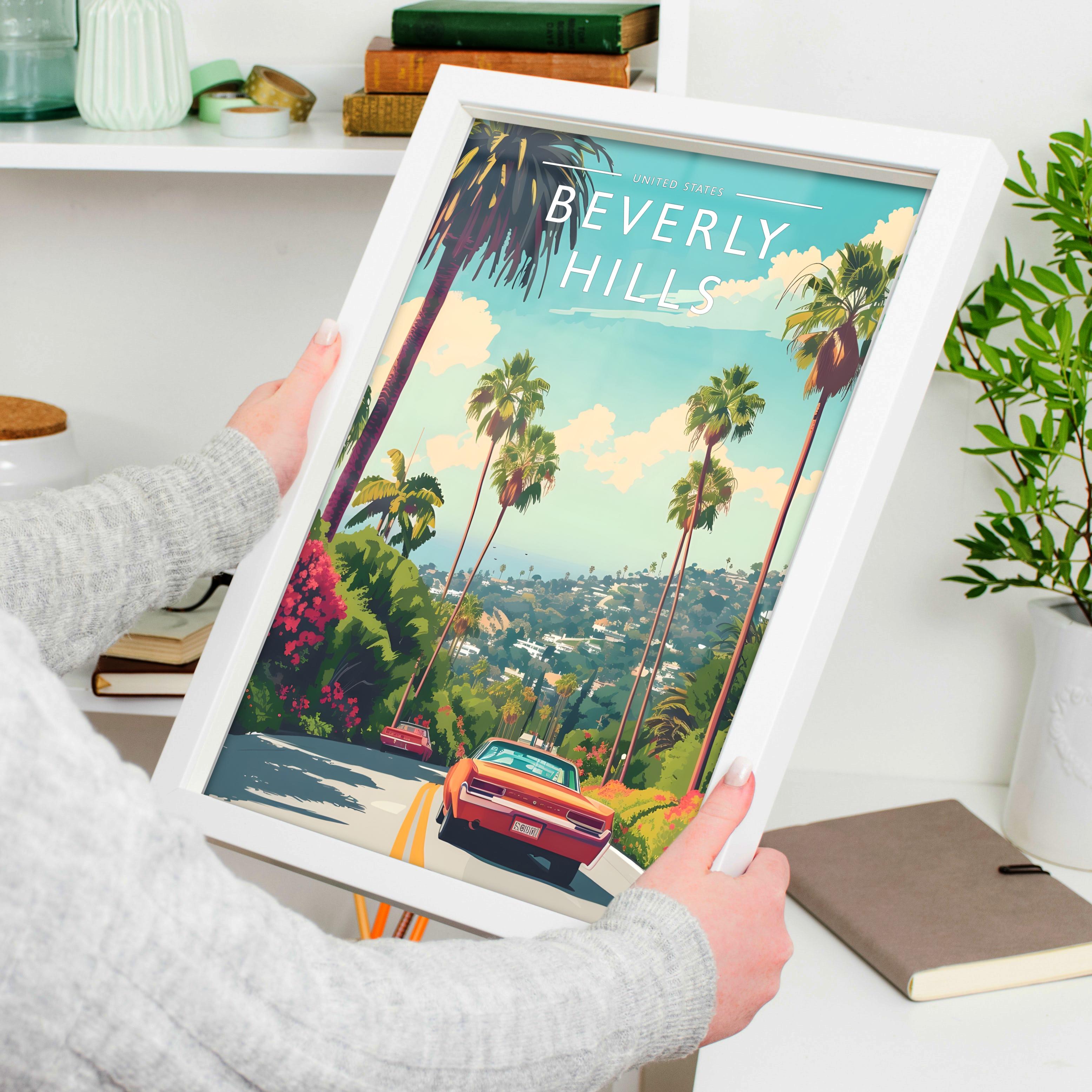 Beverly Hills Travel Poster held in a white frame