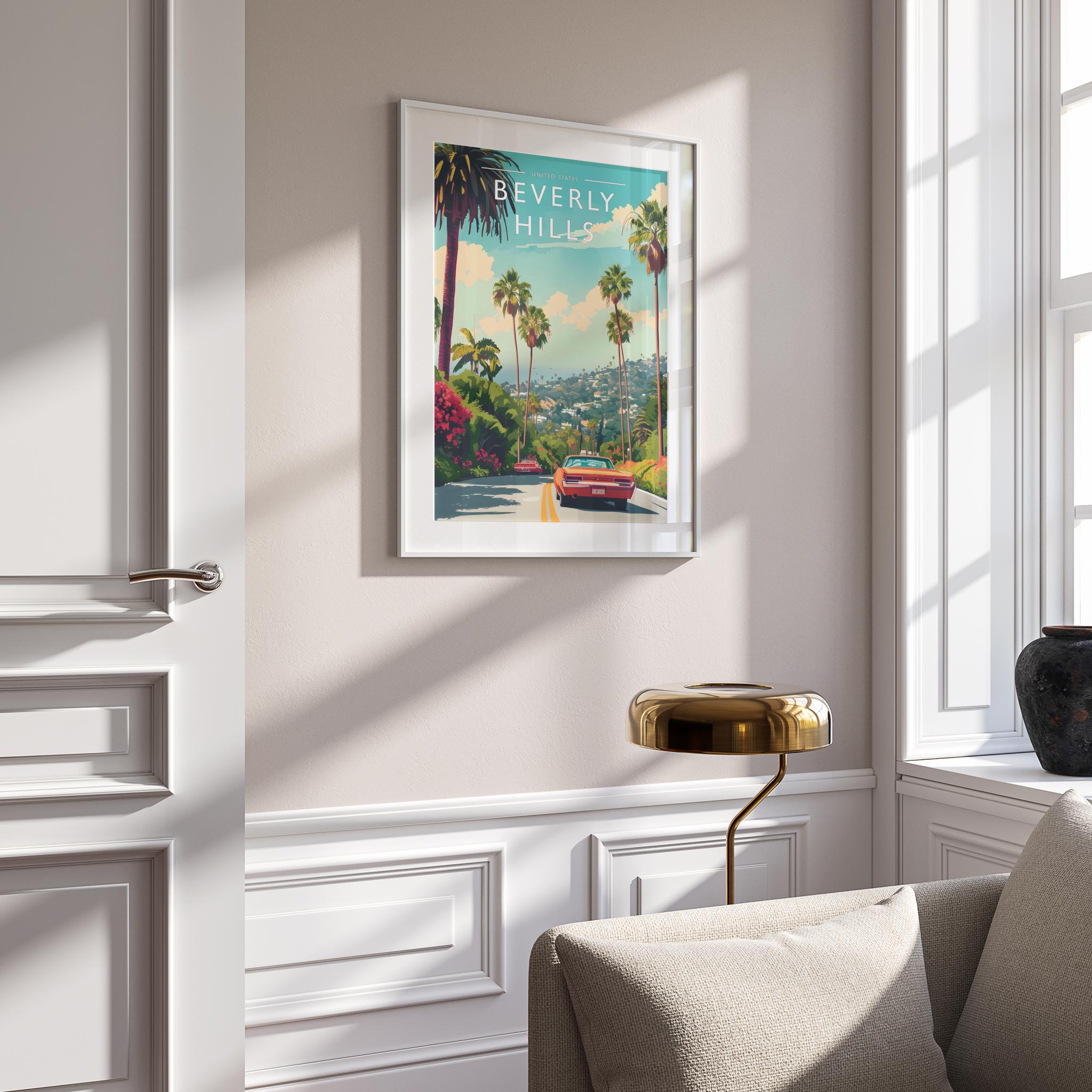 Beverly Hills Travel Poster mounted in a white frame