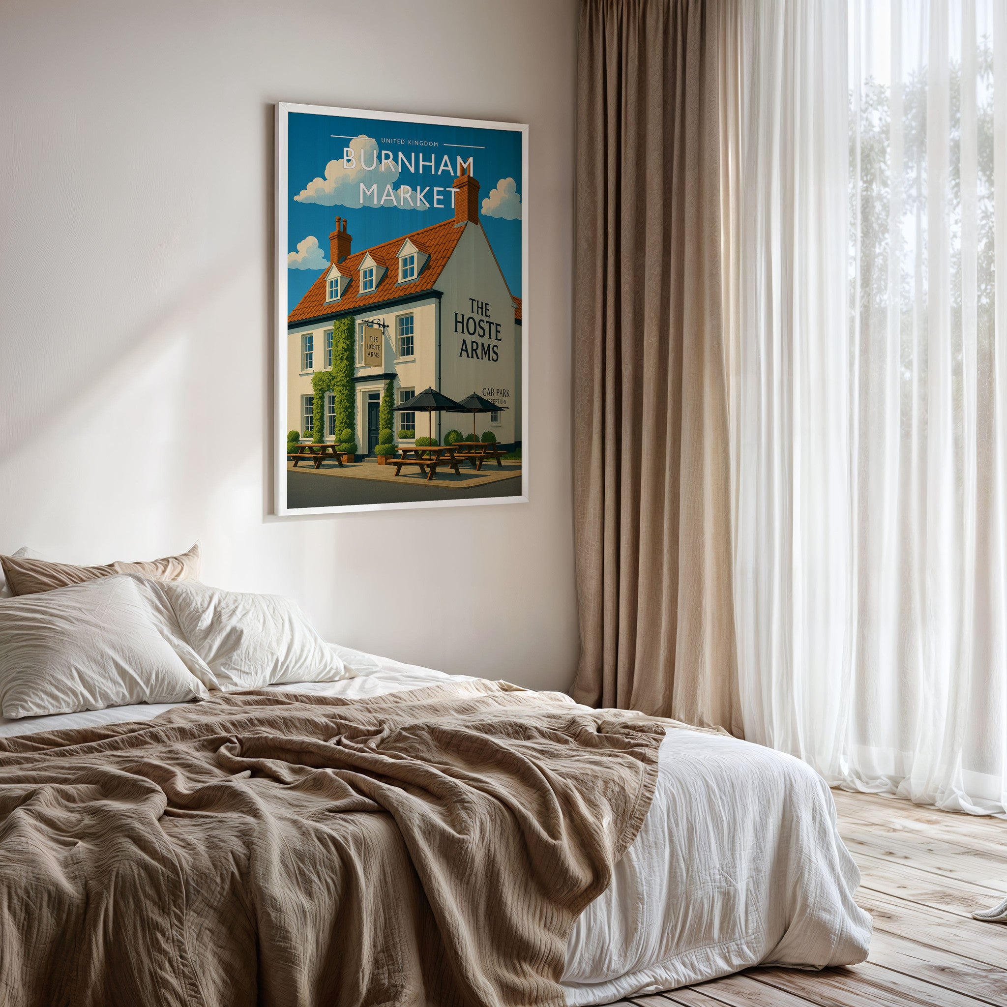 Burnham Market #2 Travel Poster framed on a bedroom wall