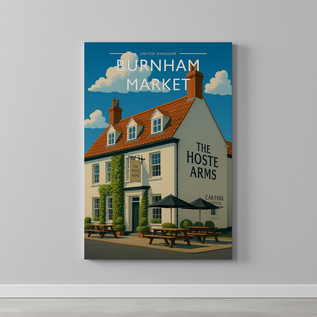 Burnham Market #2 Travel Poster as a gallery-wrapped canvas on a plain wall