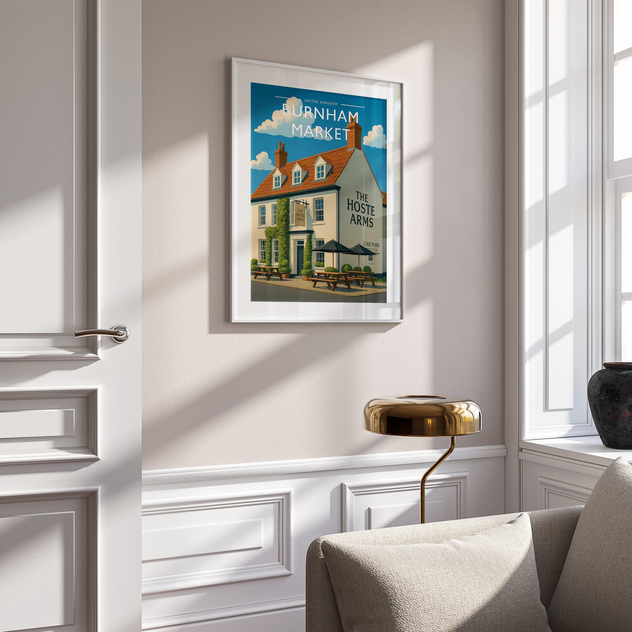Burnham Market #2 Travel Poster in a white frame on a panelled wall
