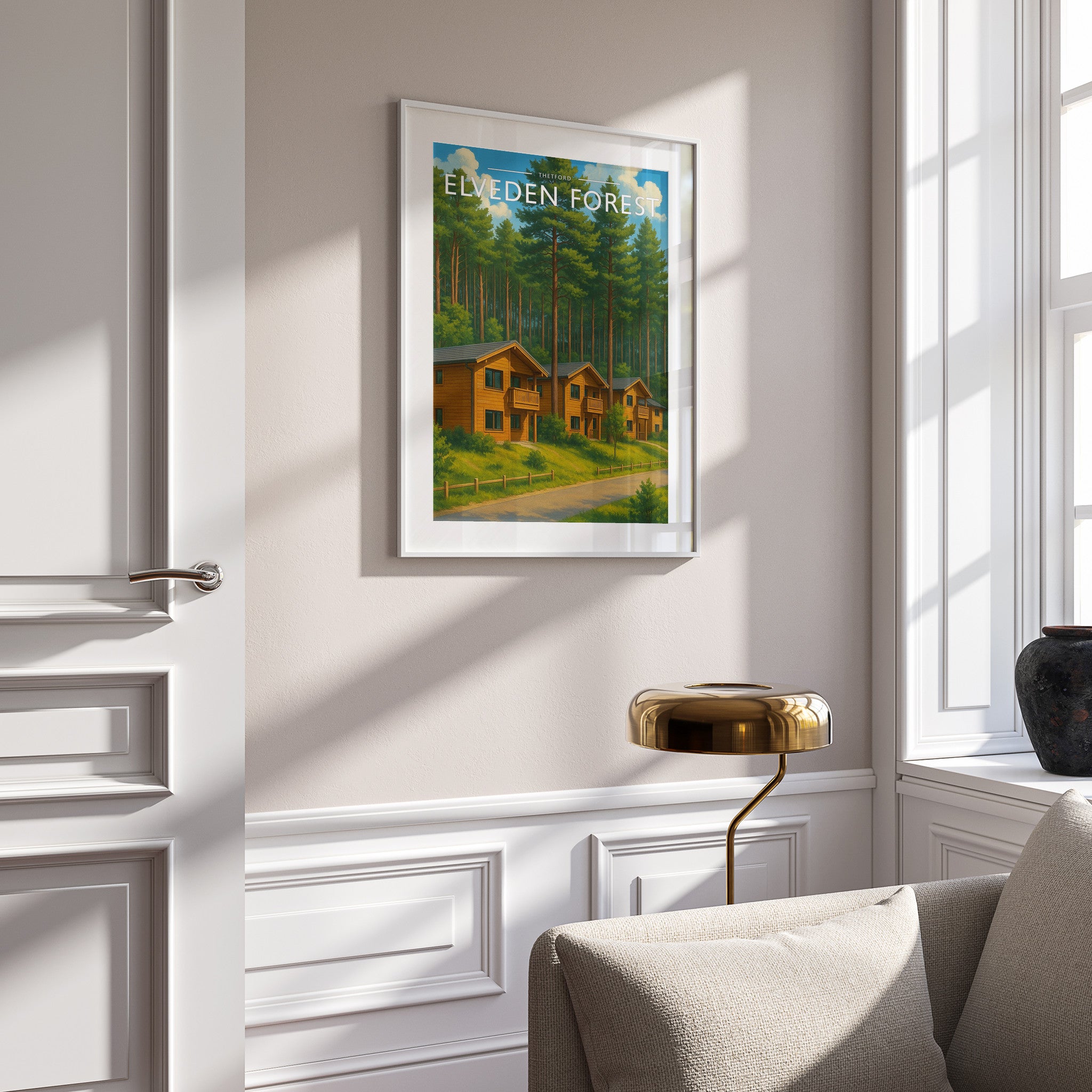 Thetford #2 Travel Poster in a white frame on a panelled wall
