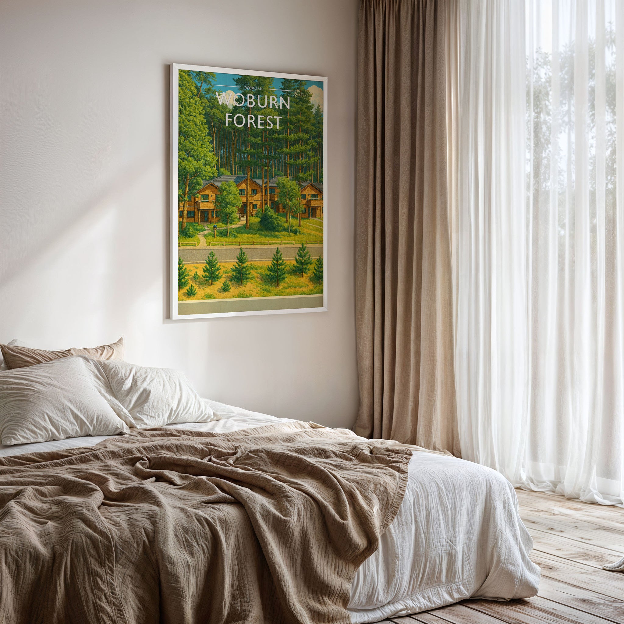 Woburn Travel Poster framed on a bedroom wall