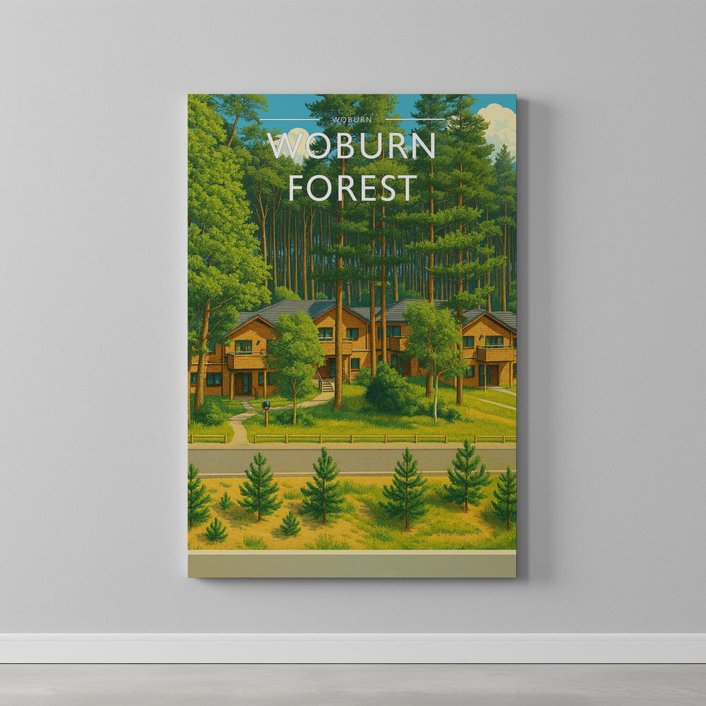 Woburn Travel Poster as a gallery-wrapped canvas on a plain wall