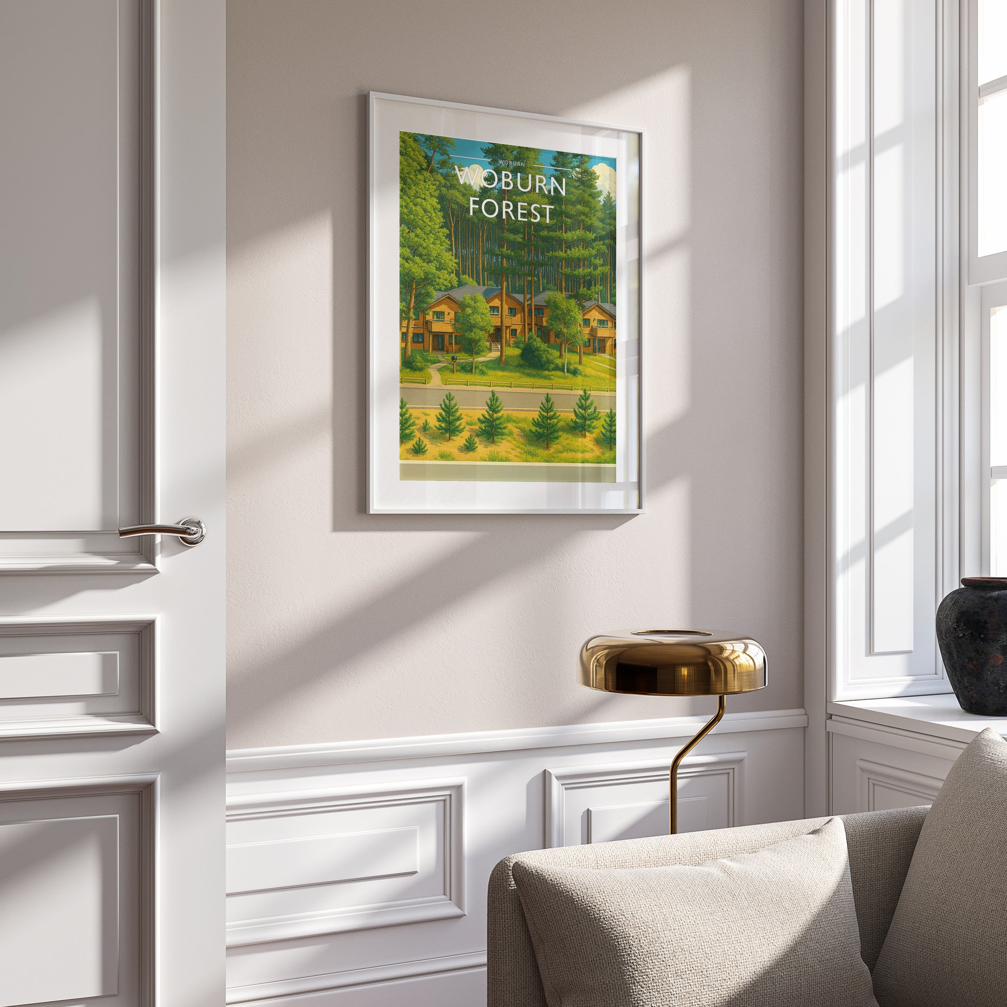Woburn Travel Poster in a white frame on a panelled wall