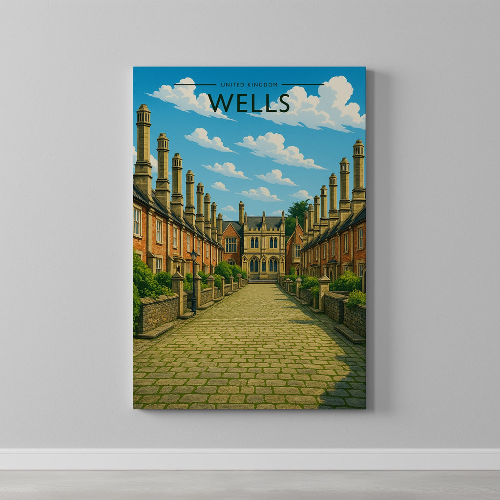 Wells Travel Poster as a gallery-wrapped canvas on a plain wall
