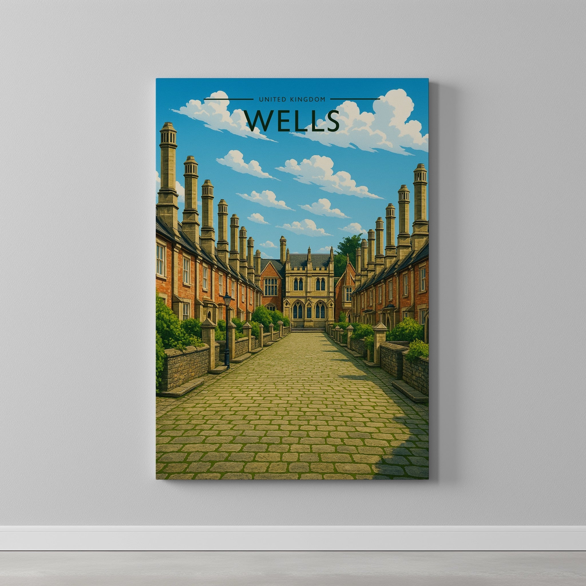 Wells Travel Poster as a gallery-wrapped canvas on a plain wall