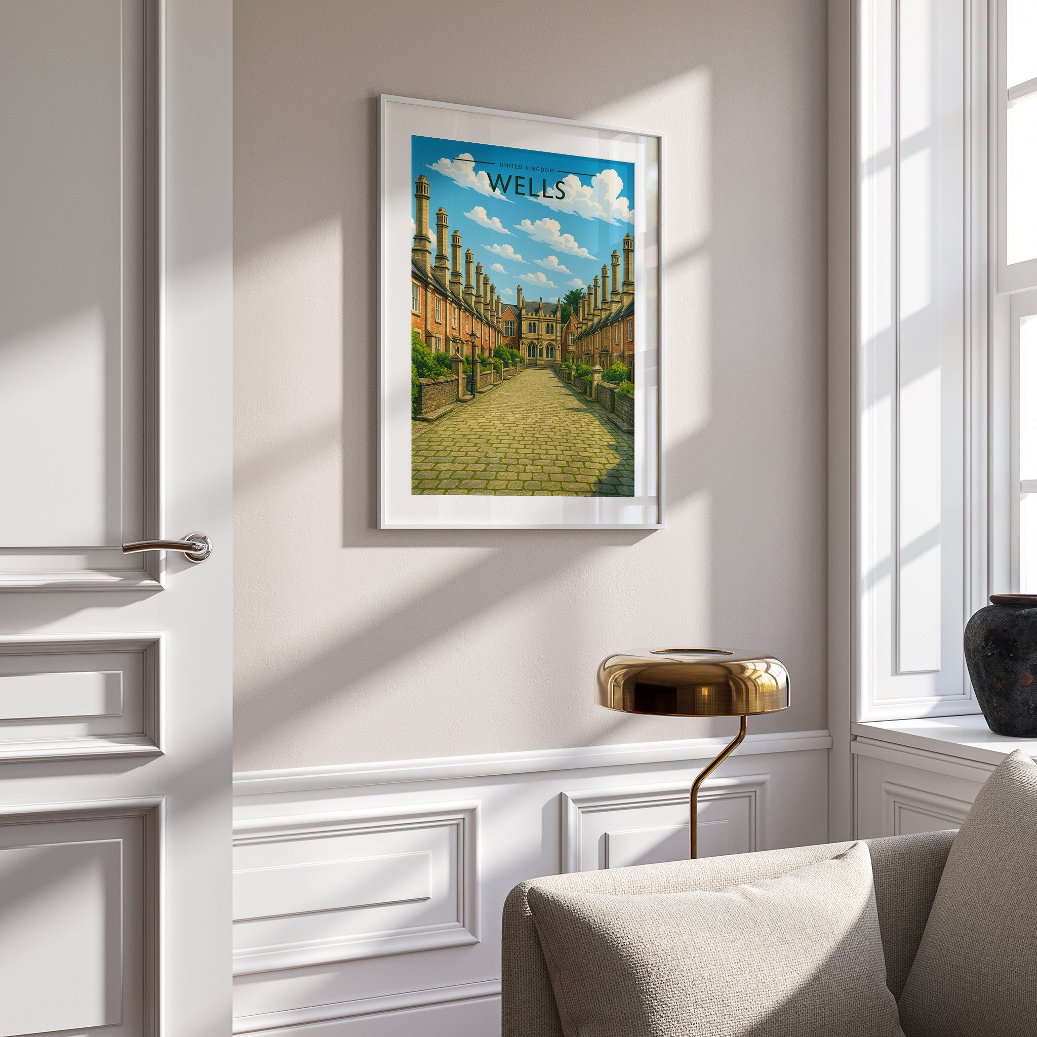 Wells Travel Poster in a white frame on a panelled wall