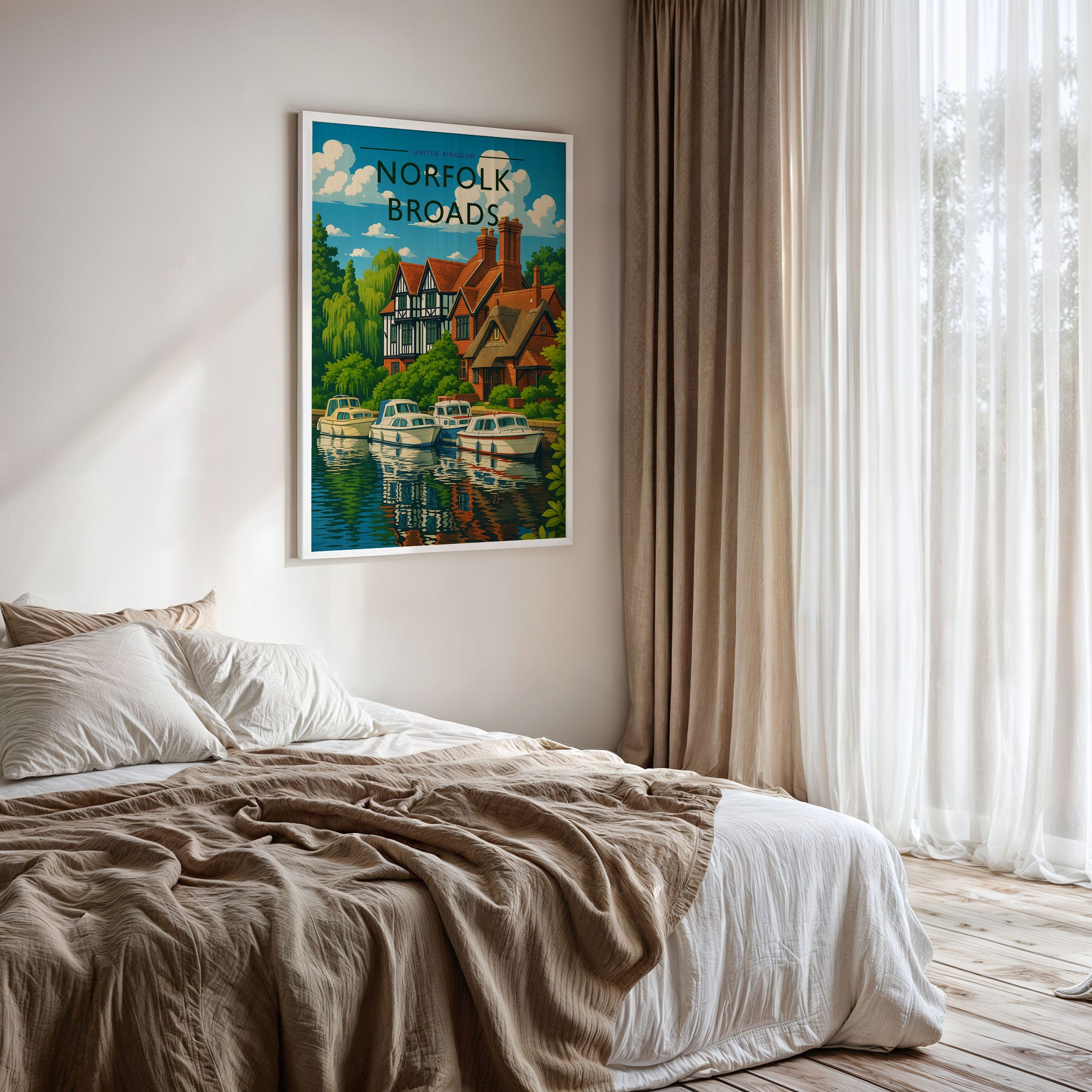 Norfolk Broads Travel Poster framed on a bedroom wall