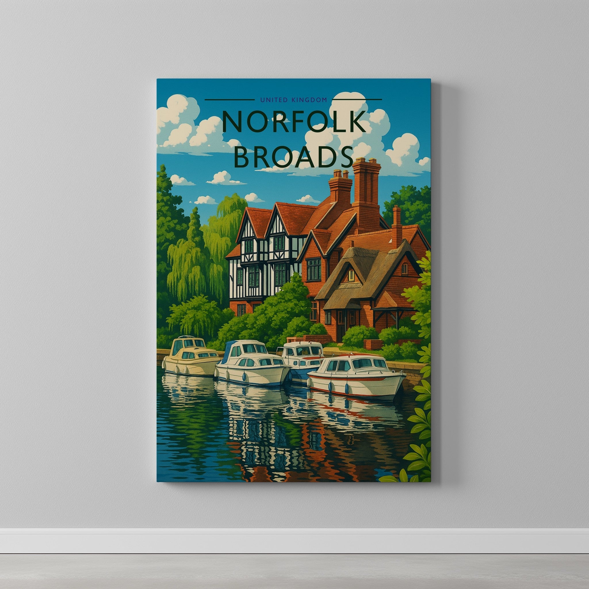 Norfolk Broads Travel Poster as a gallery-wrapped canvas on a plain wall