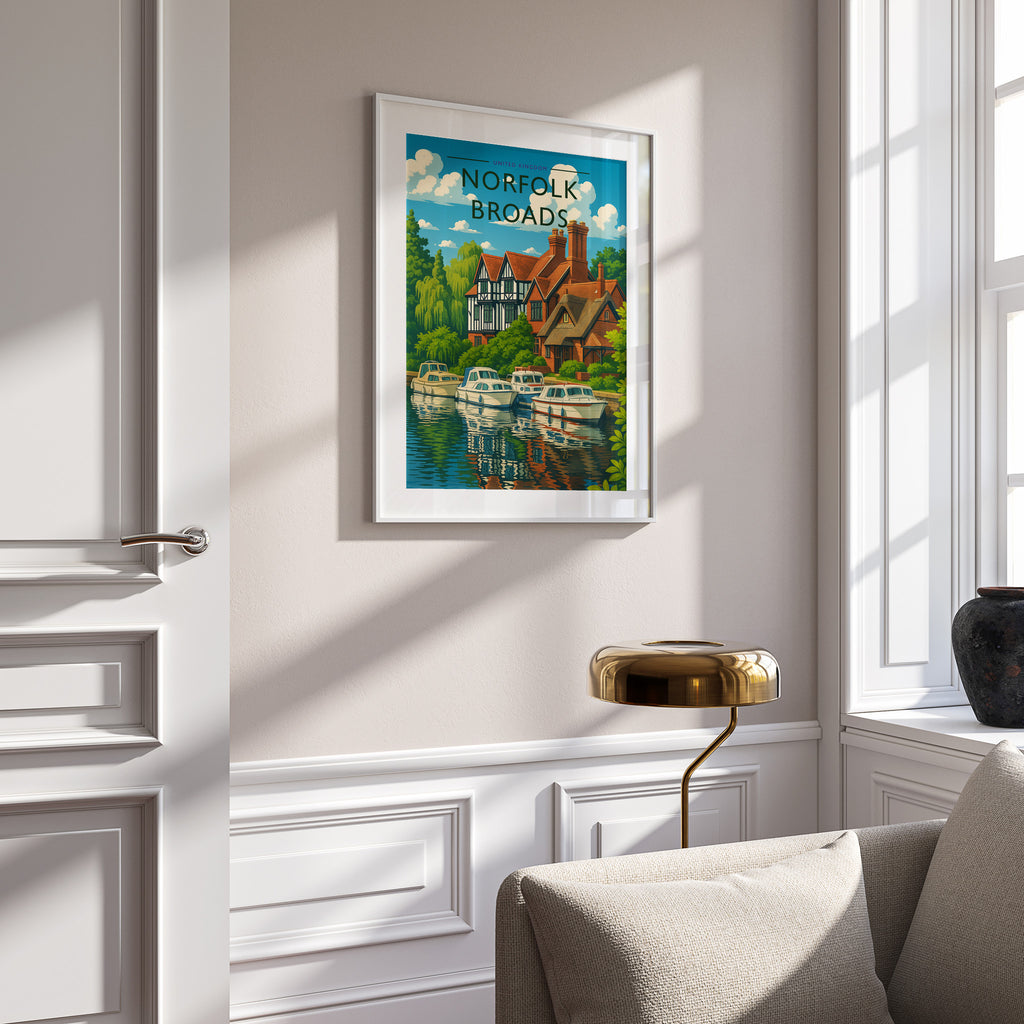 Norfolk Broads Travel Poster in a white frame on a panelled wall