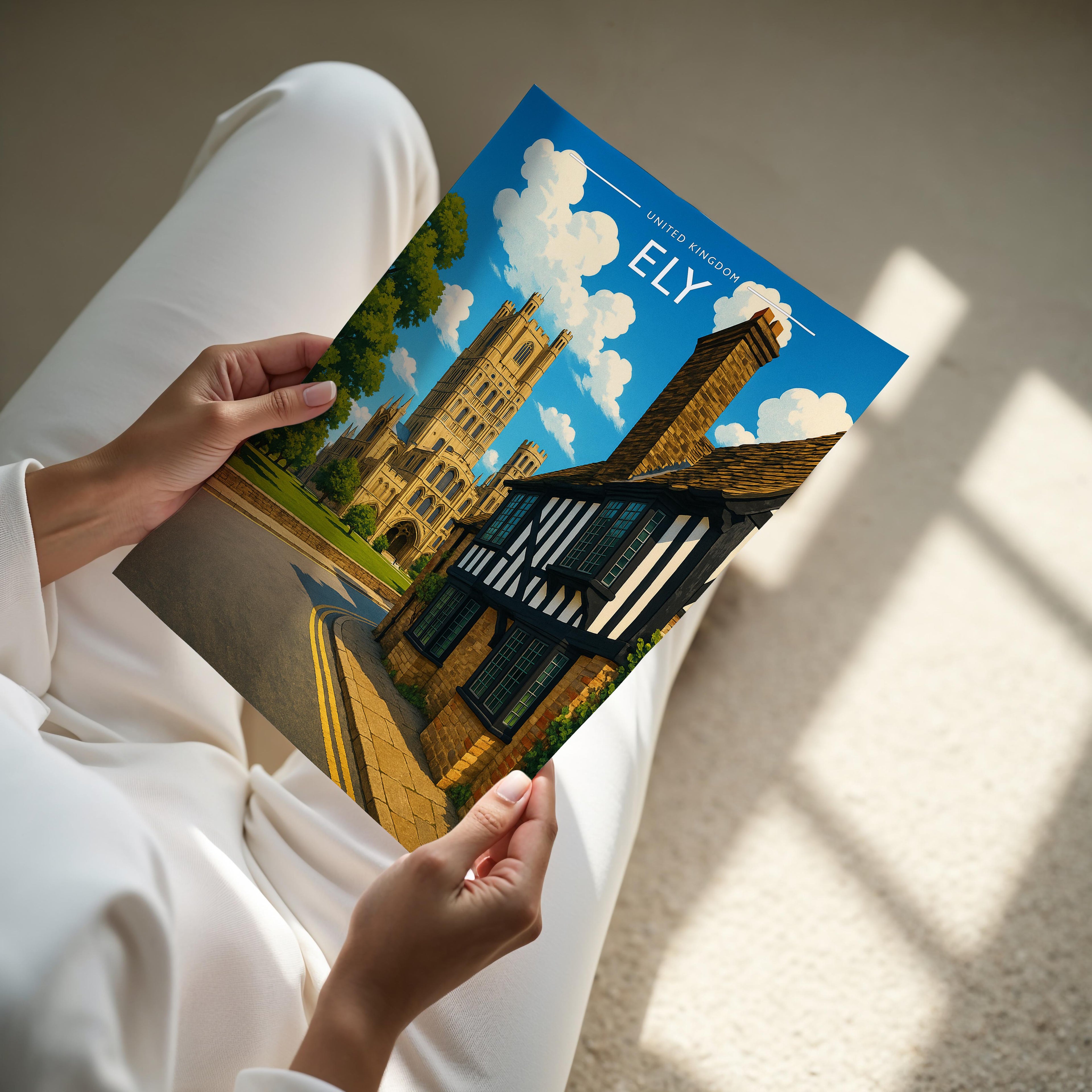 Ely Travel Poster - A4 print held in hand