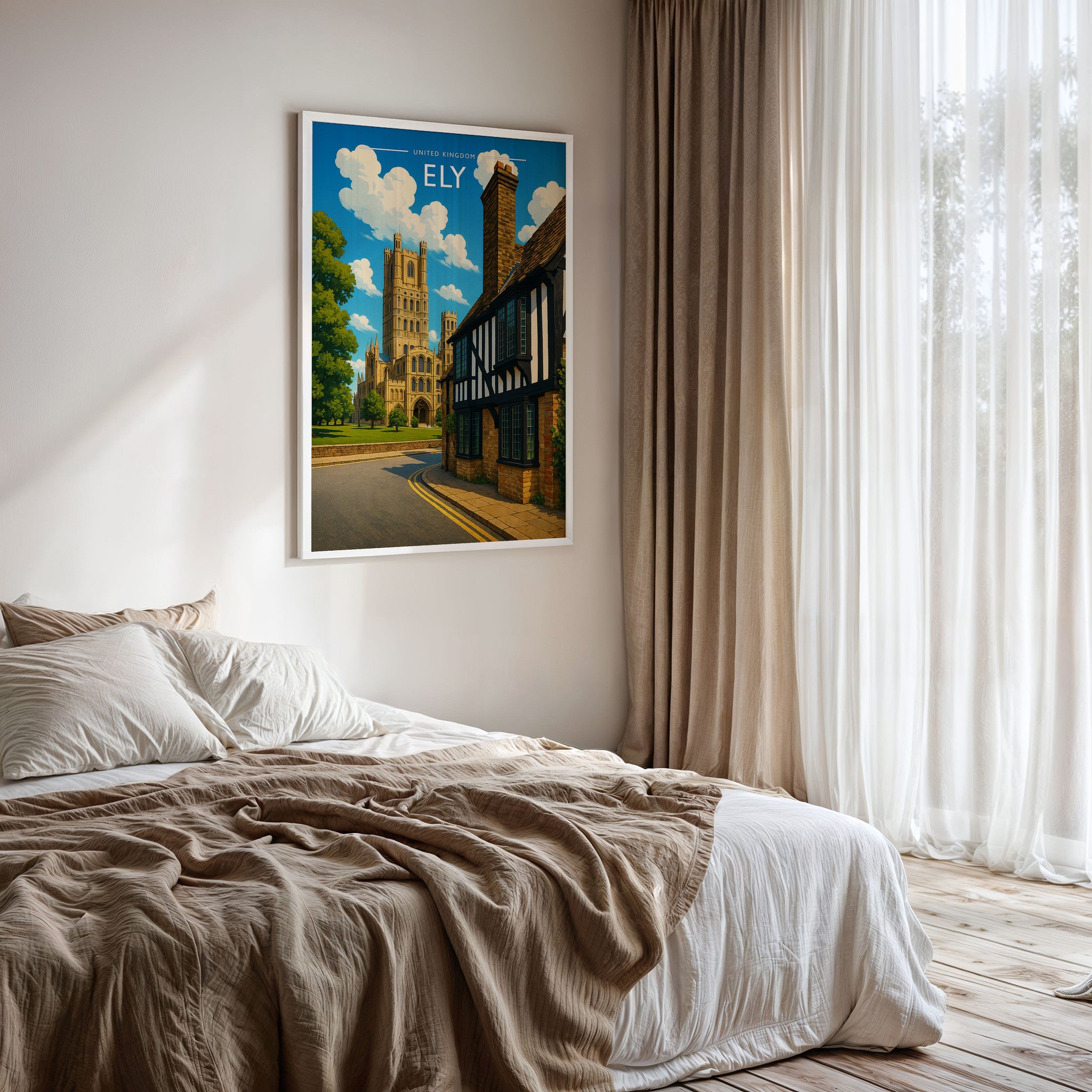 Ely Travel Poster framed on a bedroom wall